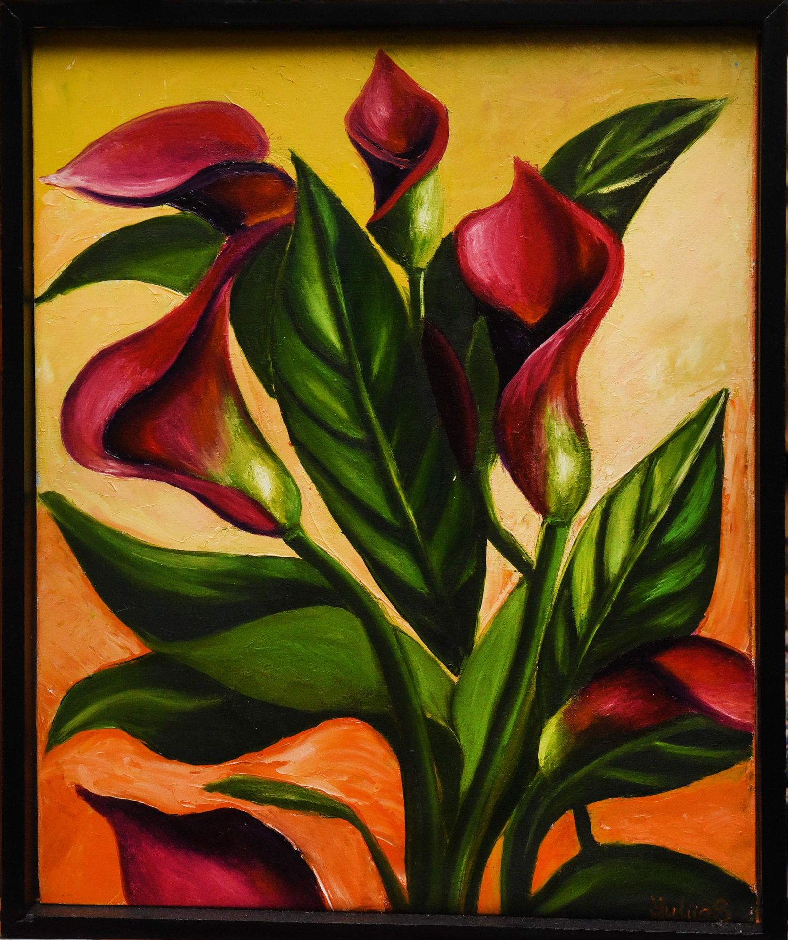 Calla Lily Elegance: This acrylic on board, sized 17" x 21", features a vibrant depiction of red calla lilies in bloom. The artist, Yulias, captures the elegance and grace of these flowers, showcasing their unique trumpet