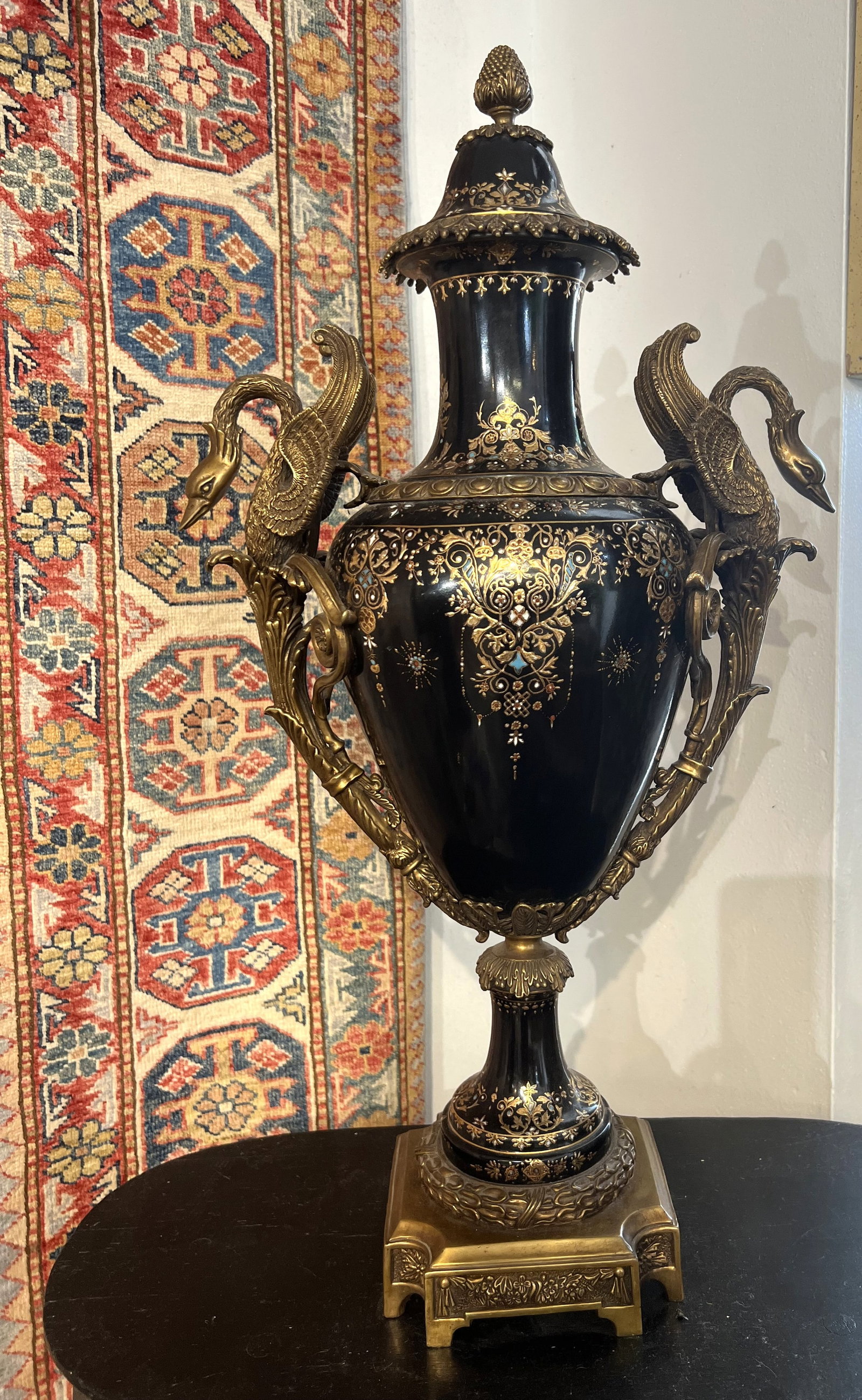 Grand Vintage European Porcelain & Gilt Bronze Urn with Swan Handles - 26" Tall (1 of 4)