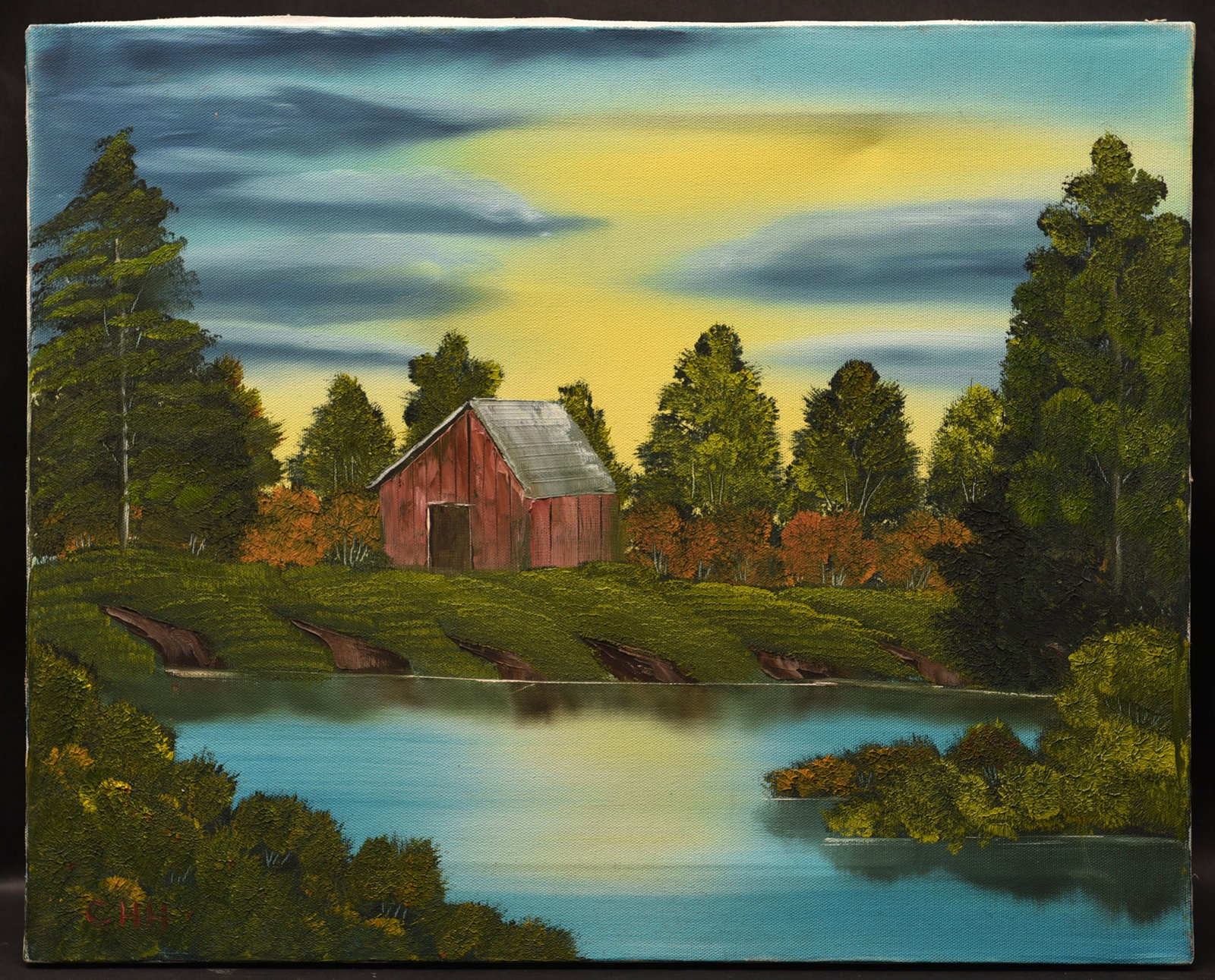 Tranquil Evening, Oil On Canvas: This serene landscape painting captures a peaceful rural scene at dusk. A weathered red barn stands nestled amidst a grove of trees, its warm tones contrasting with the cool hues of the sky and water.
