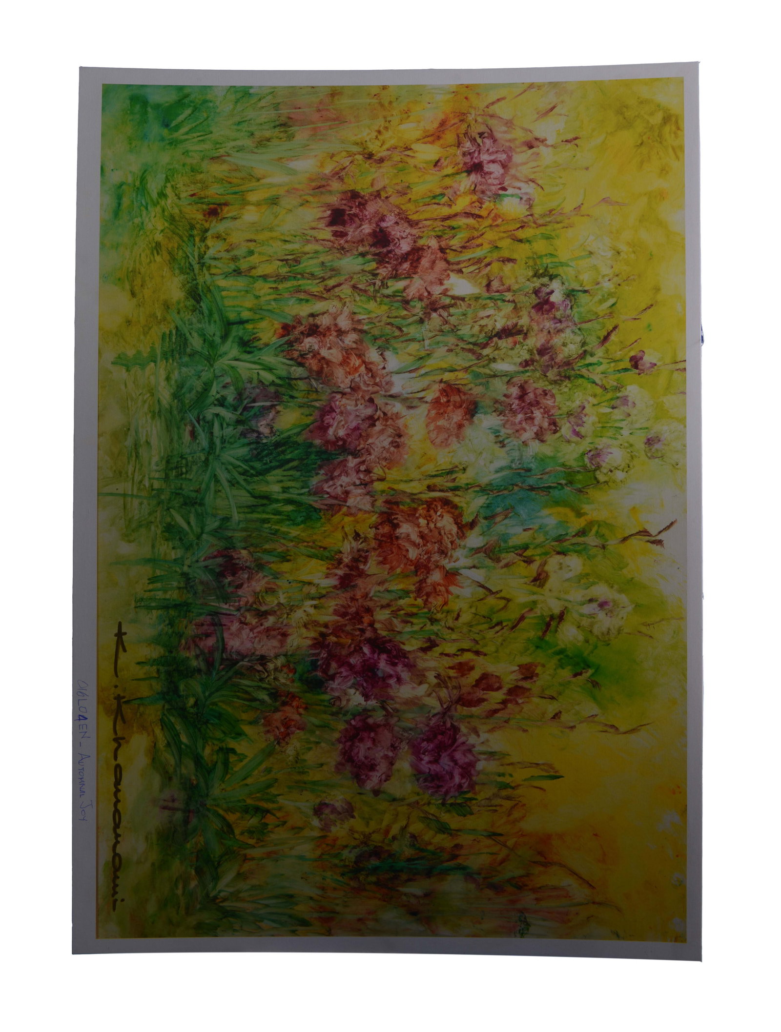 Garden in Bloom, Kamran Khavarani: Signed by Kamran Khavarani, this gicl?e on canvas (30" x 42") captures the essence of a flourishing garden. The artwork showcases a rich tapestry of floral elements in shades of pink, red, green, and