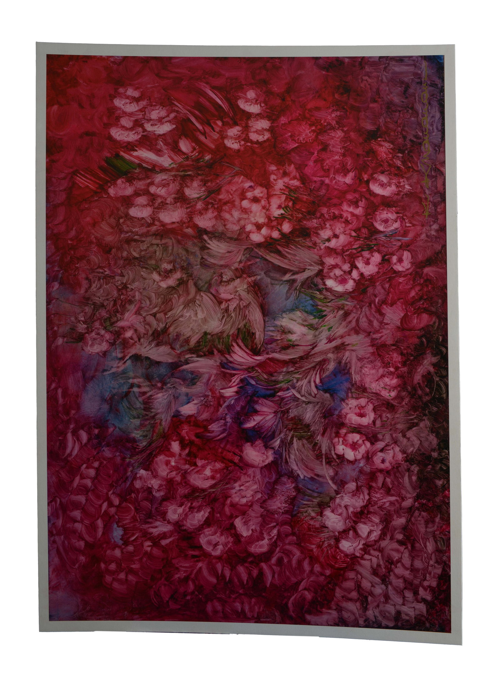 Garden in Bloom, Kamran Khavarani: Signed by Kamran Khavarani, this gicl?e on canvas (30" x 42") captures the essence of a flourishing garden. The artwork showcases a rich tapestry of floral elements in shades of pink, red, green, and