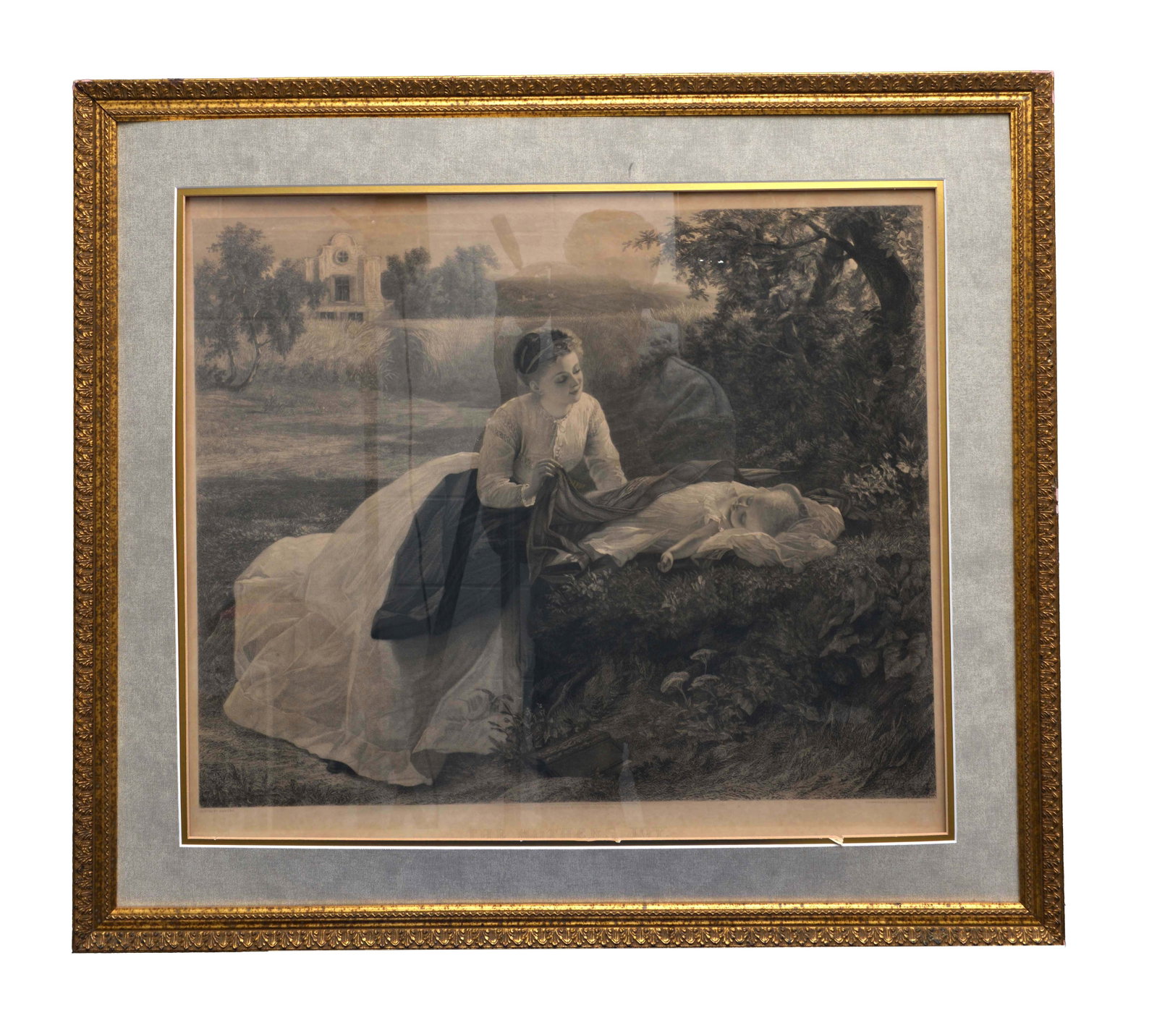 The Mothers Joy by Hermann Droehmer (1820-1890): This captivating engraving, after a painting by Amberg and executed by the German artist Hermann Droehmer (1820-1890), depicts a serene pastoral scene. A woman in a light-colored dress and dark apron