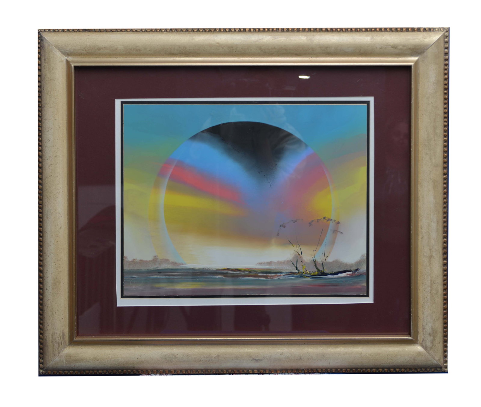 Coastal Sunset, By Memarian: This oil on paper by Memarian, measuring 33" x 28", depicts a striking abstract seascape. A large, stylized sun dominates the scene, set against a backdrop of vibrant yellow, pink, and blue hues. A