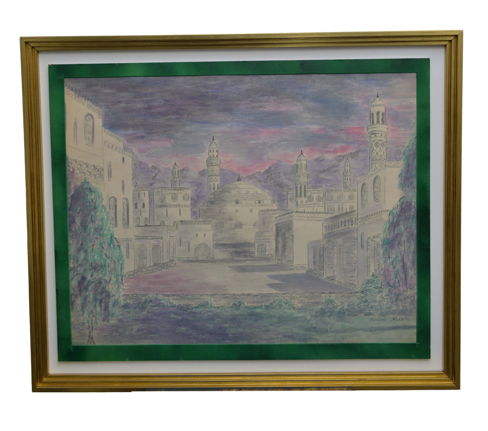 Twilight Medina by Marion Webb: This evocative pastel on paper by Marion Webb, measuring 34" x 28", captures the serene beauty of a Middle Eastern cityscape at twilight. The artwork depicts the soft, muted hues of dusk settling