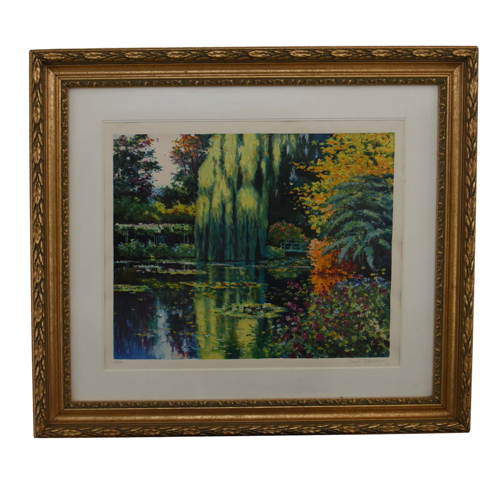 Le Petit Etang de Claude Monet Lithograph by Claude Cambour (254/350): This large, framed lithograph by Claude Cambour, numbered 254 out of an edition of 350, depicts a vibrant and lush garden scene reminiscent of Claude Monet's iconic Giverny gardens. The artwork