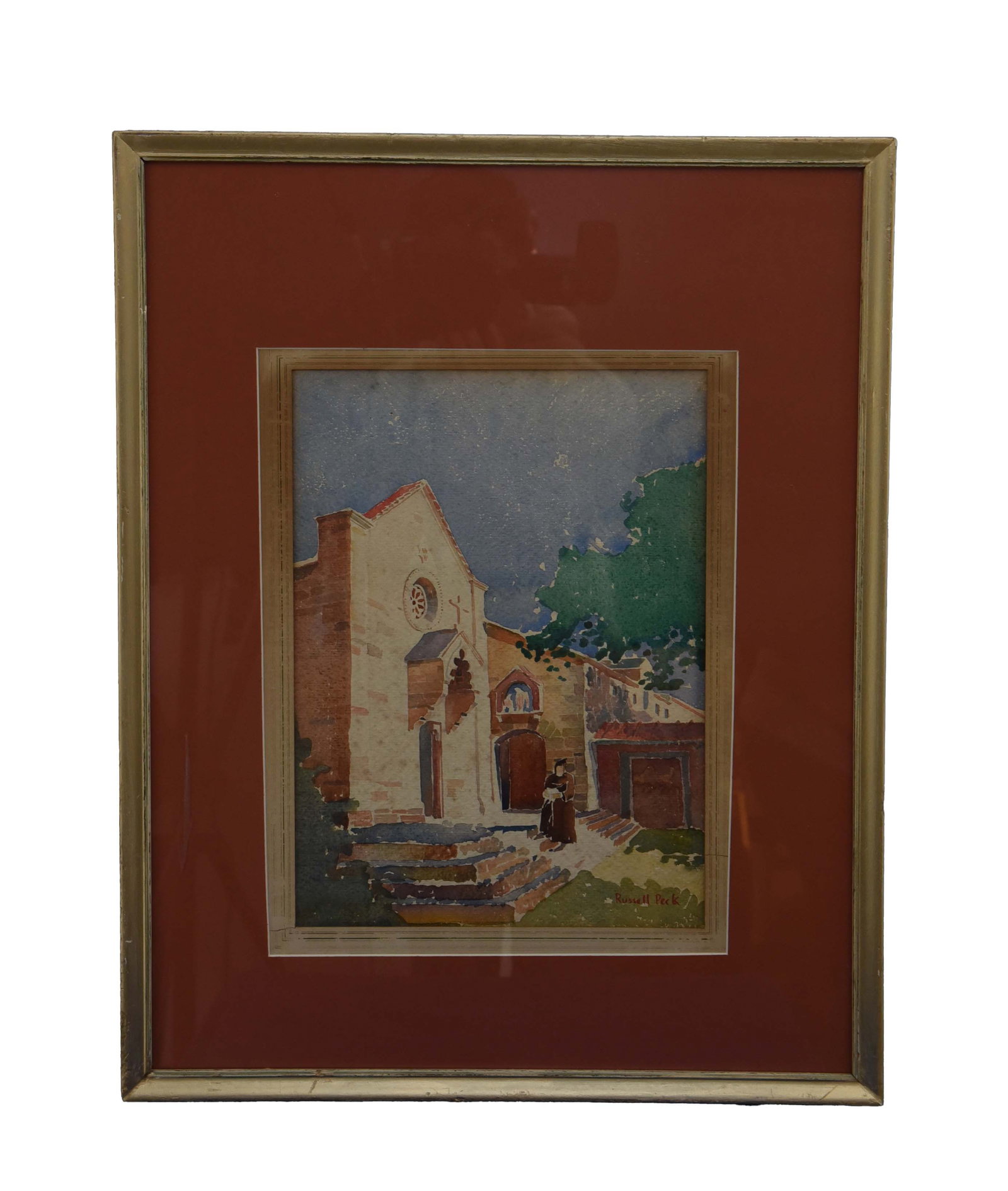 Mediterranean Vista" (or "Monastery Steps") By Russel Peck: This captivating watercolor by Russell Peck depicts a picturesque European architectural scene, possibly a monastery or a historic building, bathed in soft, diffused light. The composition features a