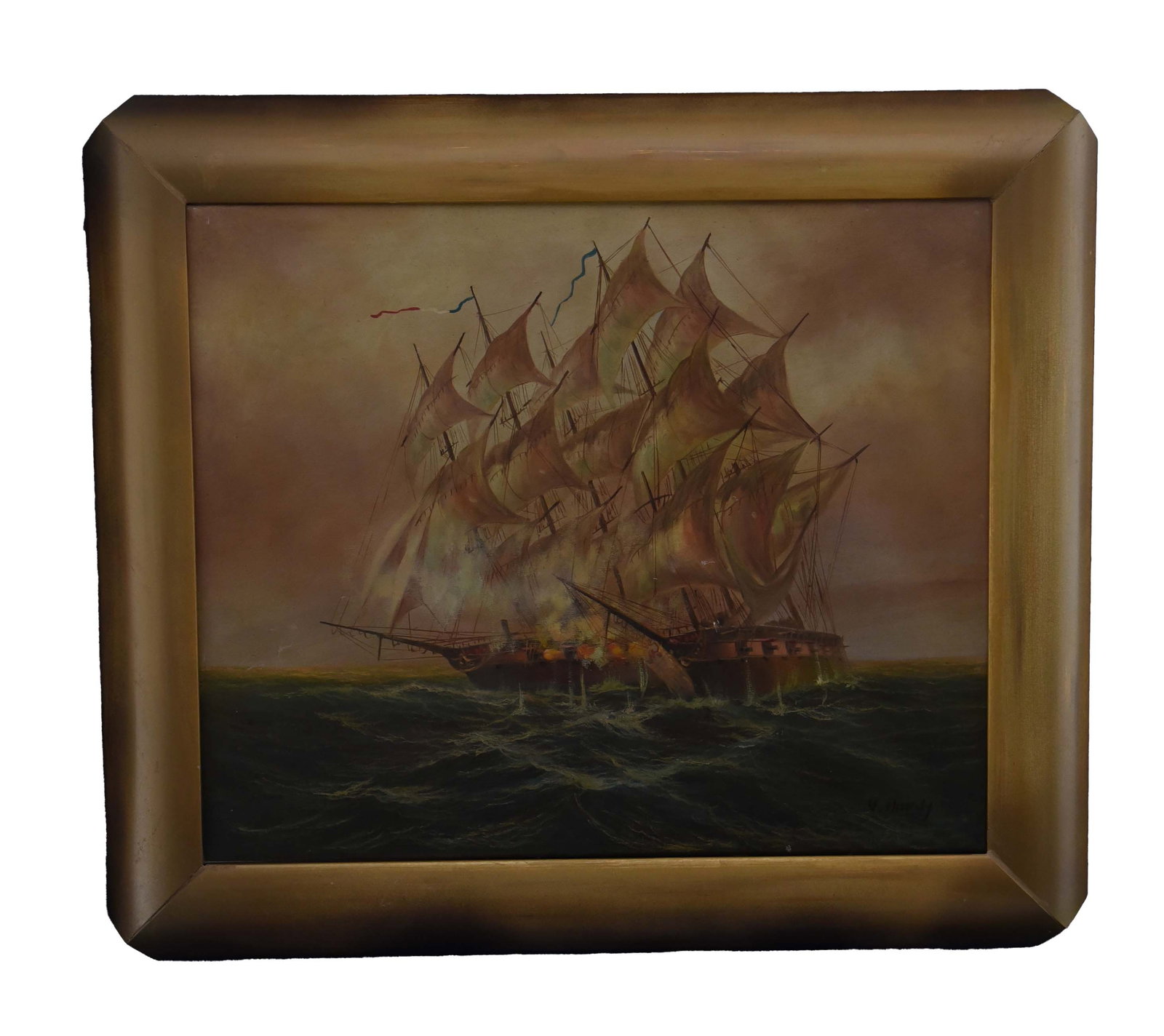Naval Engagement at Dusk Oil On Canvas: This dramatic oil on canvas painting, measuring 29" x 27", depicts a powerful naval engagement at sea. The artwork captures a tall ship, likely a frigate or ship of the line, in the midst of a fierce 