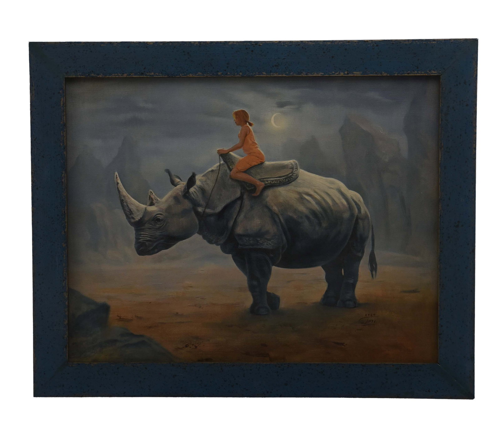 Lunar Journey Oil On Canvas By Yahya Roydel: Lunar Journey" is a captivating oil on canvas painting by Yahya Roydel, measuring 29" x 24". The artwork depicts a young girl, dressed in an orange garment, riding atop a majestic rhinoceros under a