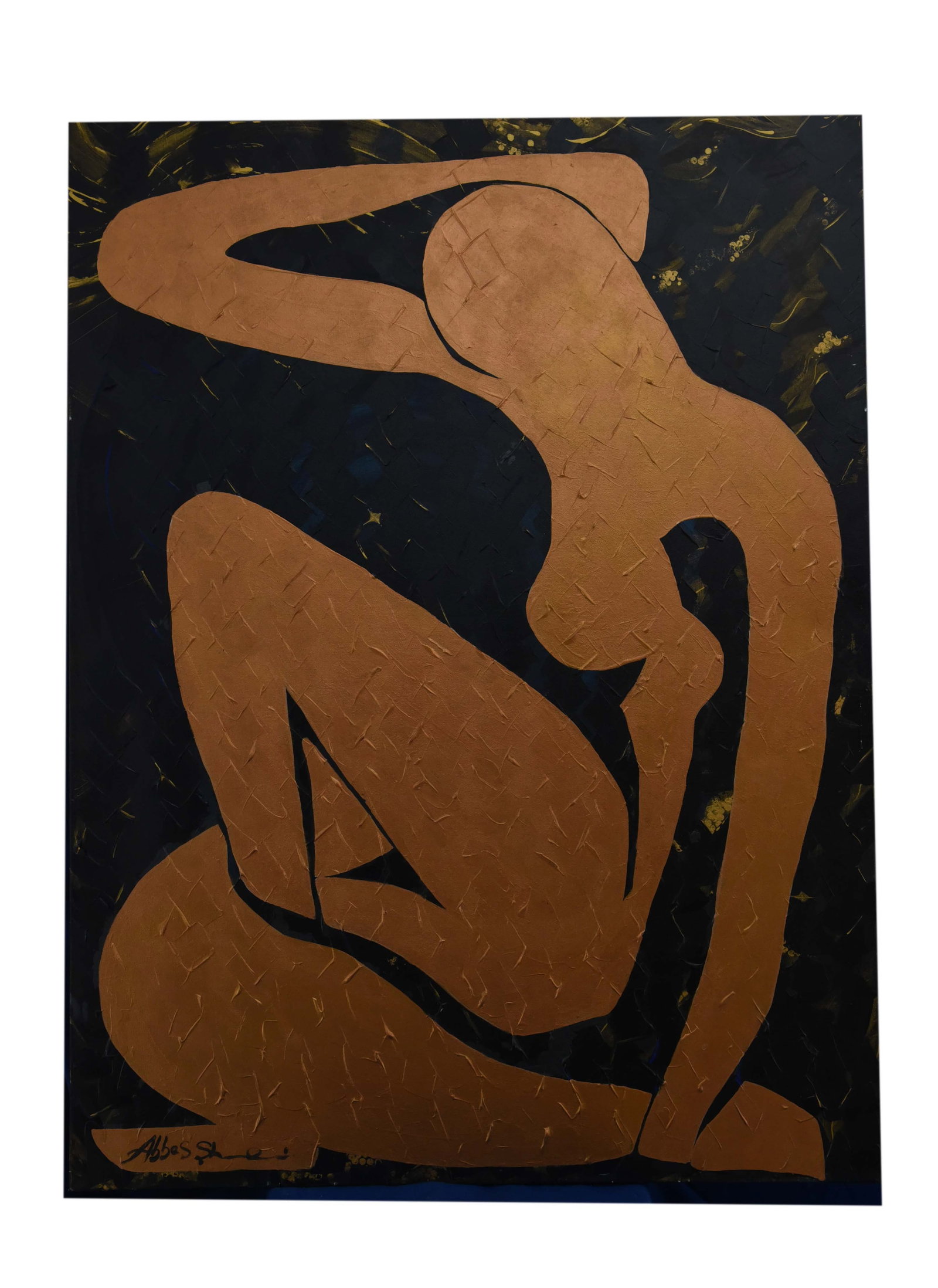 Golden Silhouette Acrlyic On Canvas: This striking acrylic on canvas, measuring 36" x 48", is a powerful work by Abbas Shirmohammadi. The painting features a stylized, reclining nude figure rendered in a rich, textured golden hue. The