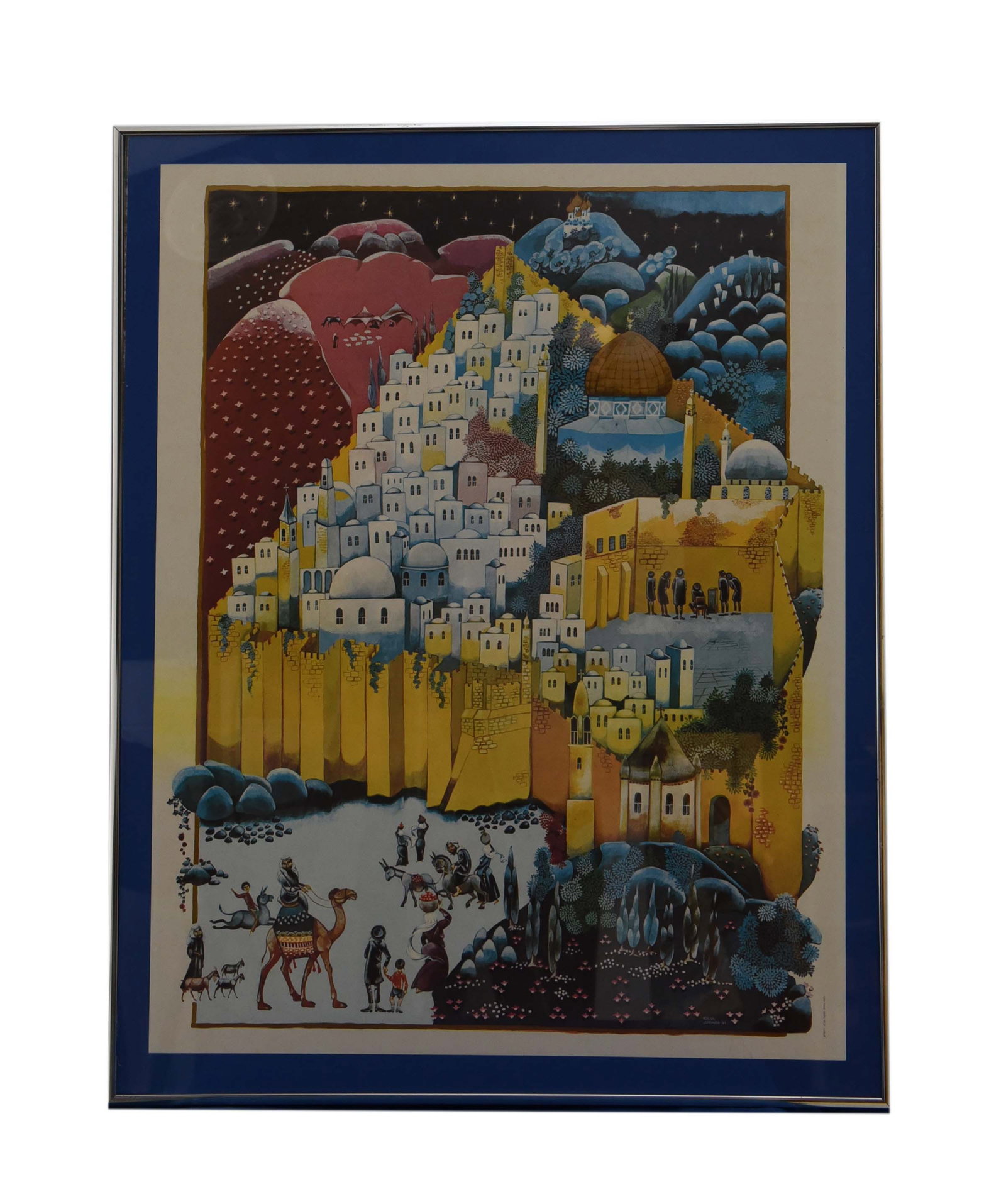 Jerusalem of Gold: This vibrant and richly detailed print, measuring 21" x 26", transports the viewer to a fantastical or ancient city nestled amidst rolling hills. The central focus is a sprawling urban landscape of wh
