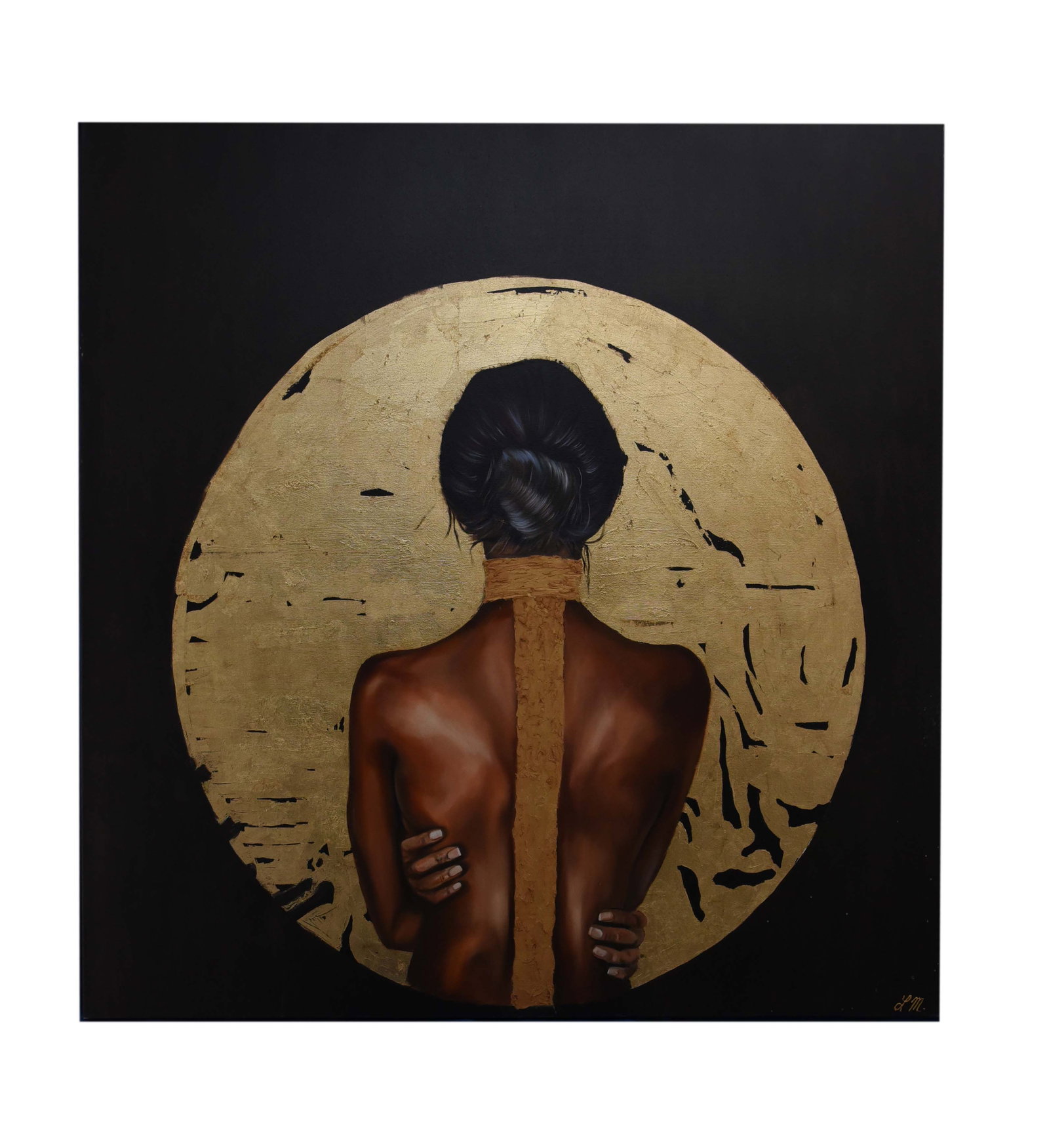 Aura of Gold Oil On Canvas By Lily Movahedi: Liliy Movahedi's "Aura of Gold" is a powerful 48" x 48" oil on canvas that delves into themes of inner strength and luminosity. The artwork centers on the subtly detailed back of a woman, whose pose