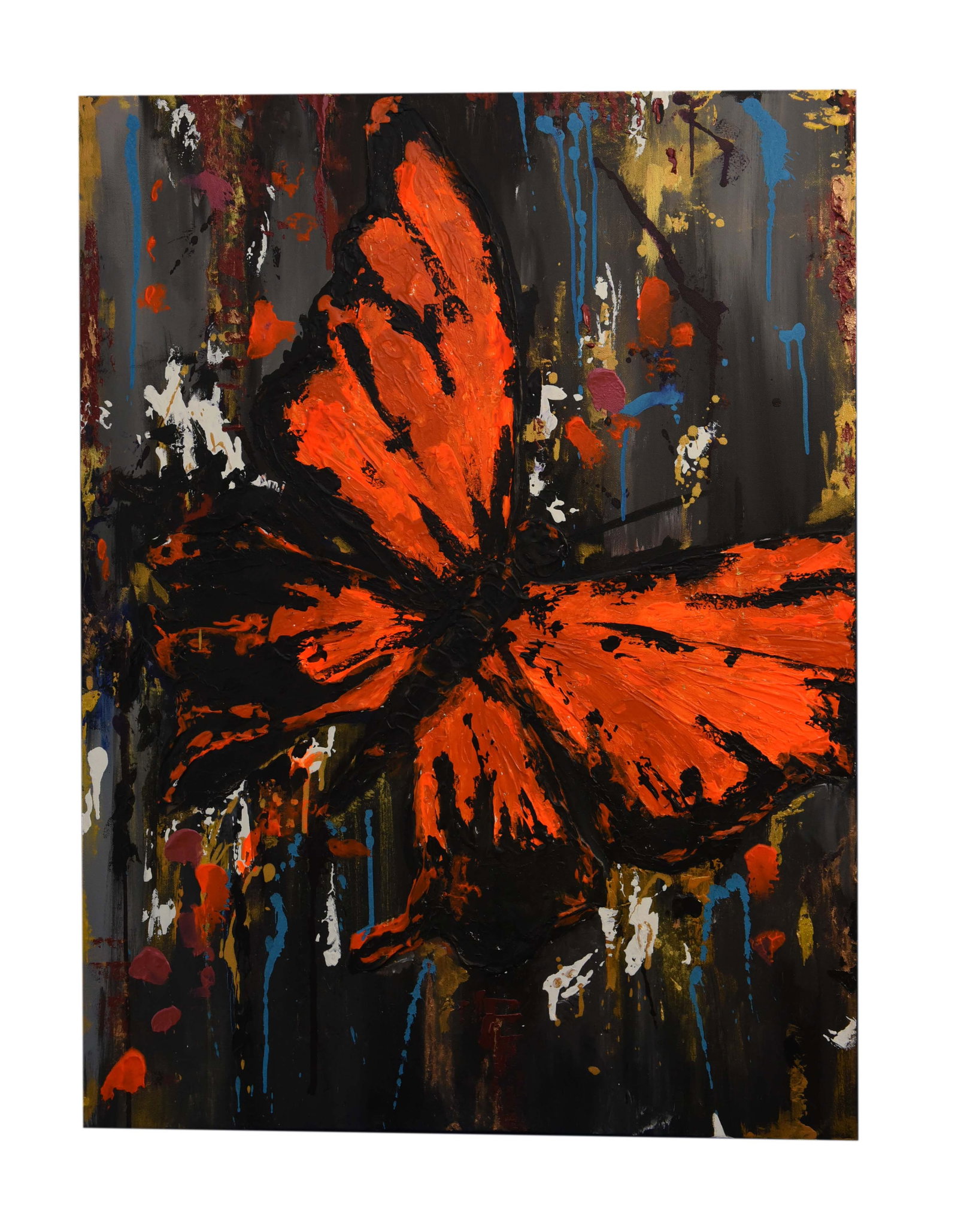 Ethereal Ascent Oil On Canvas By Lily Movahedi: Lily Movahedi's "Ethereal Ascent," an oil on canvas measuring 30" x 40", captures the vibrant energy of a butterfly emerging from a textured, abstract background. The butterfly, rendered in bold orang
