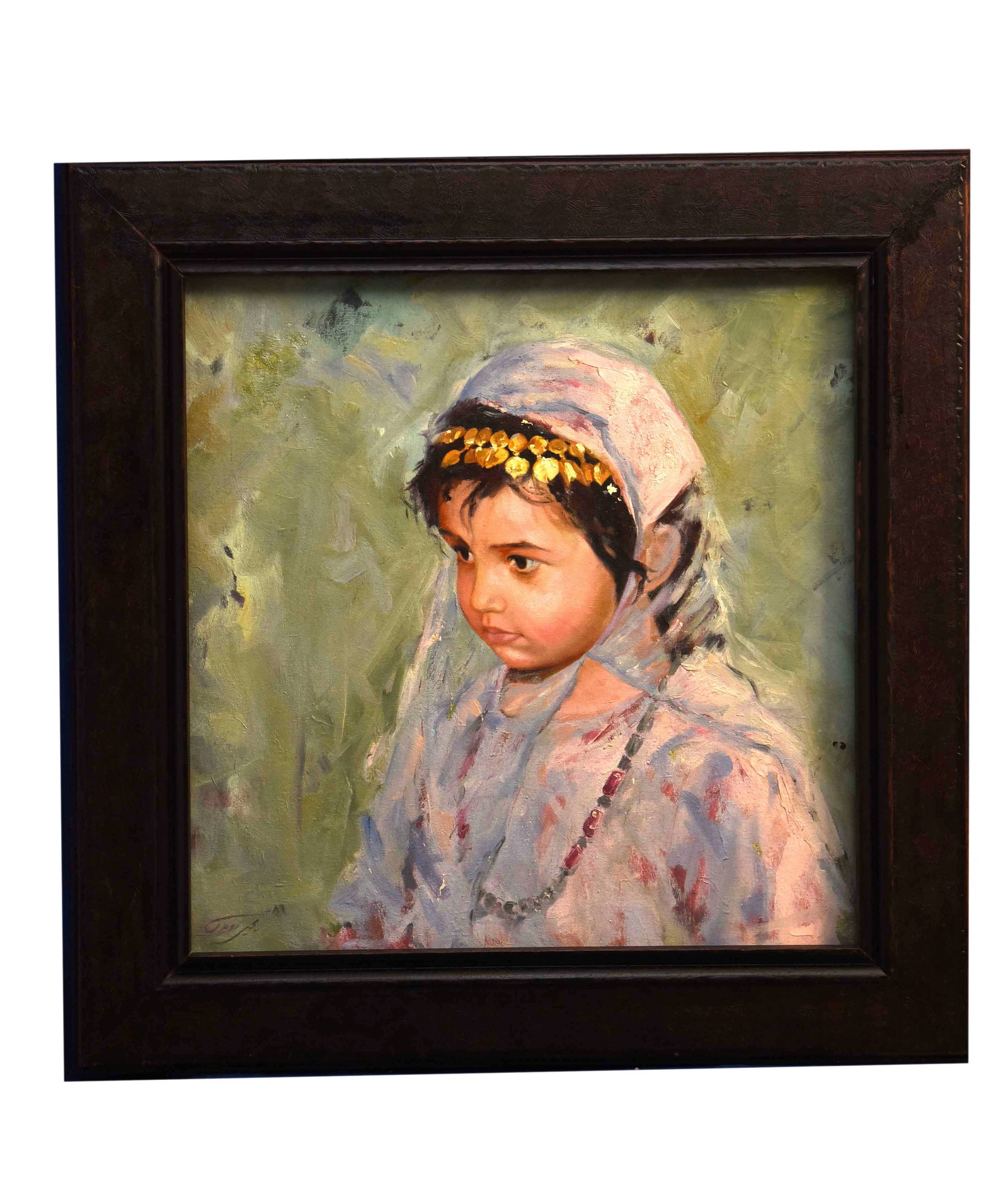 Portrait of a Girl in Headdress by Yahya Roydel: An arresting original oil on canvas by Yahya Roydel, "Levitation of the Rhino" captures an extraordinary moment. The artwork features a rhinoceros seemingly suspended in mid-air by thick ropes, agains