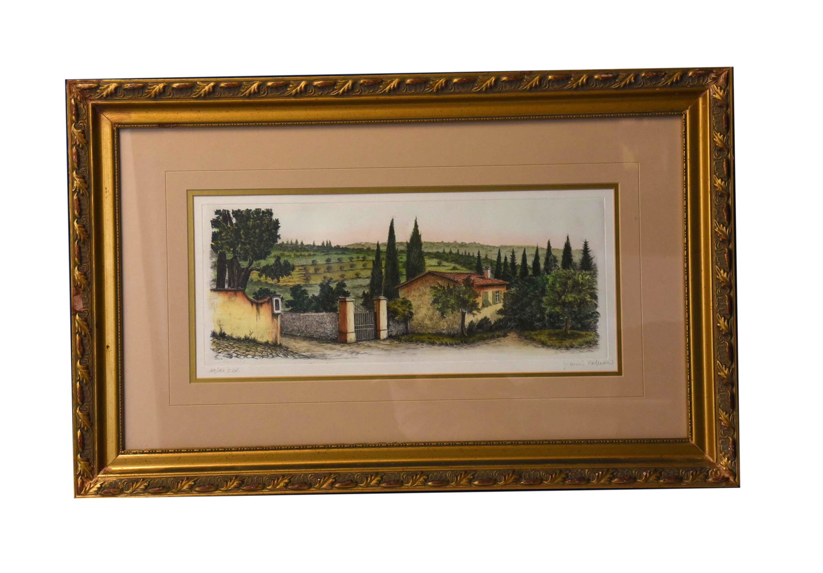Tuscan Villa Landscape - Limited Edition Lithograph: Immerse yourself in the idyllic charm of the Italian countryside with this beautiful limited edition lithograph. The artwork depicts a serene landscape featuring a classic villa nestled among rolling 