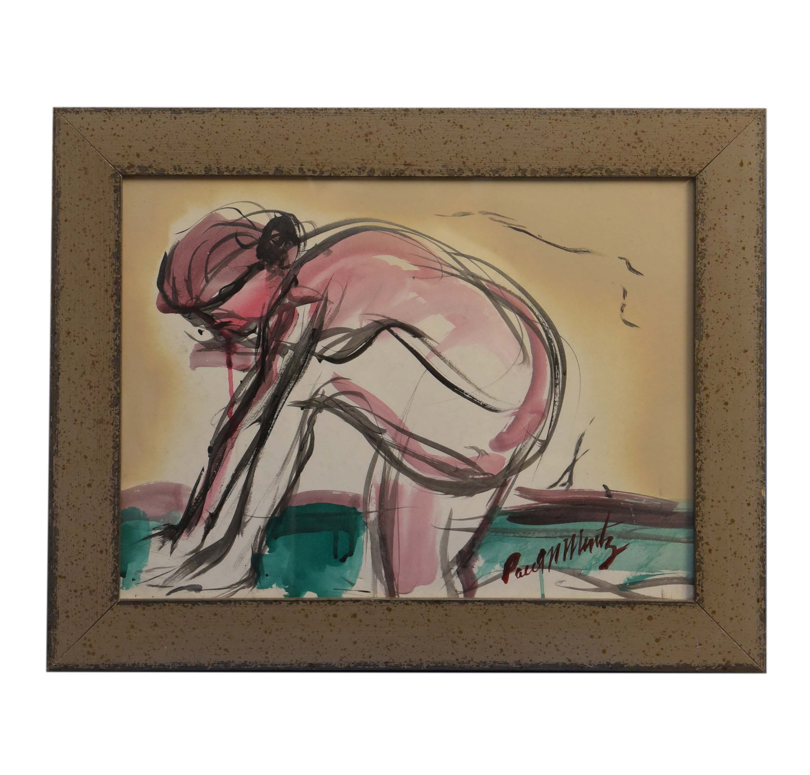Crouching Figure Watercolor Painting Signed (1 of 1)