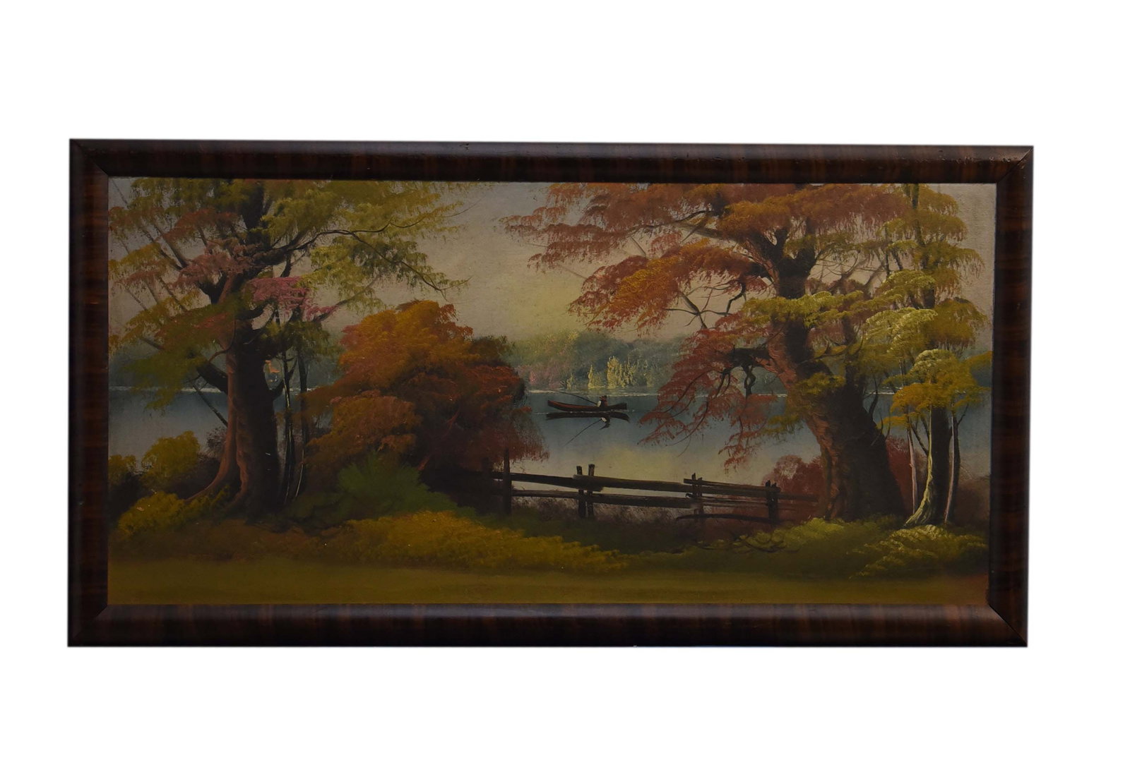 Lakeside Solitude, 1890 Oil On Canvas Mounted on Board: A superb example of late 19th-century American landscape art, this 34" x 18" oil on canvas, mounted on board, was created in 1890. The artist masterfully portrays a moment of profound tranquility, wit