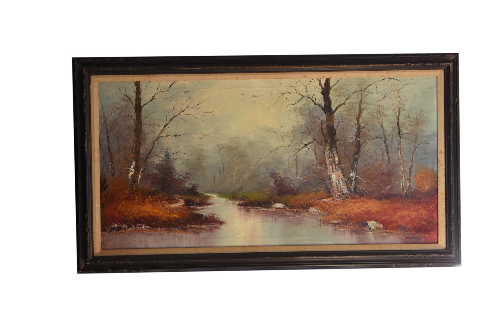 Whispers of Autumn's Embrace Oil On Canvas By T.Kent: This evocative oil on canvas by T.Kent, measuring 55" x 32", captures the serene beauty of a late autumn or early winter landscape. A tranquil stream winds through a forest where the trees, largely de