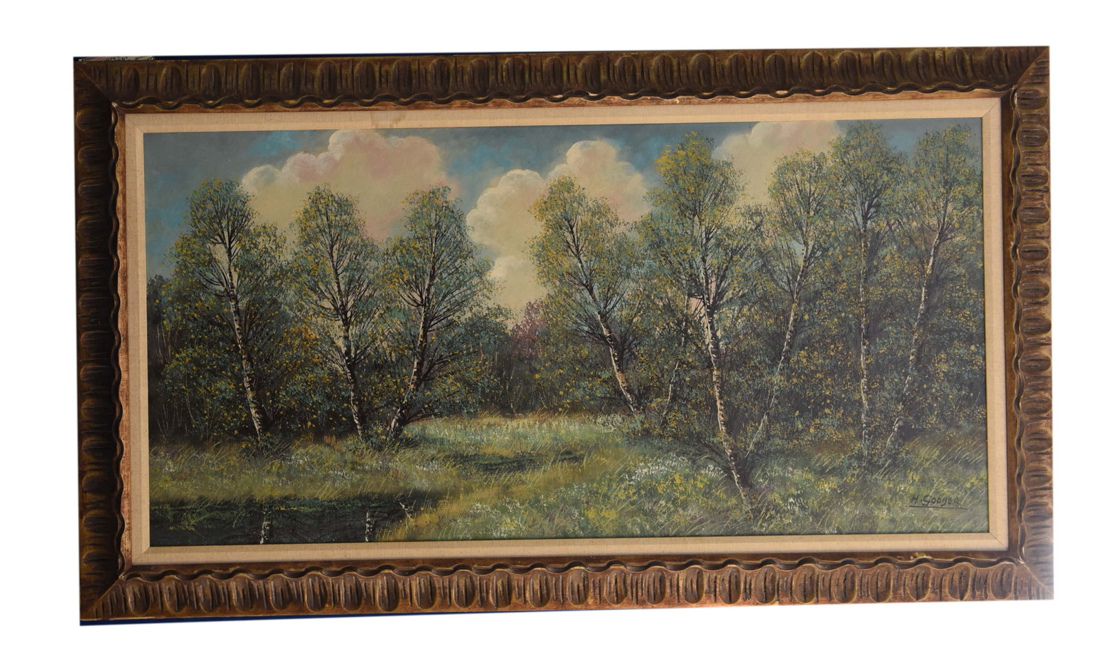 Spring Birches by the Water Oil On Canvas, By H Goodor: This charming oil on canvas by H. Goodor, signed and dated 1940, measures an impressive 55" x 33". The painting captures a serene spring or early summer landscape, featuring a stand of slender birch t