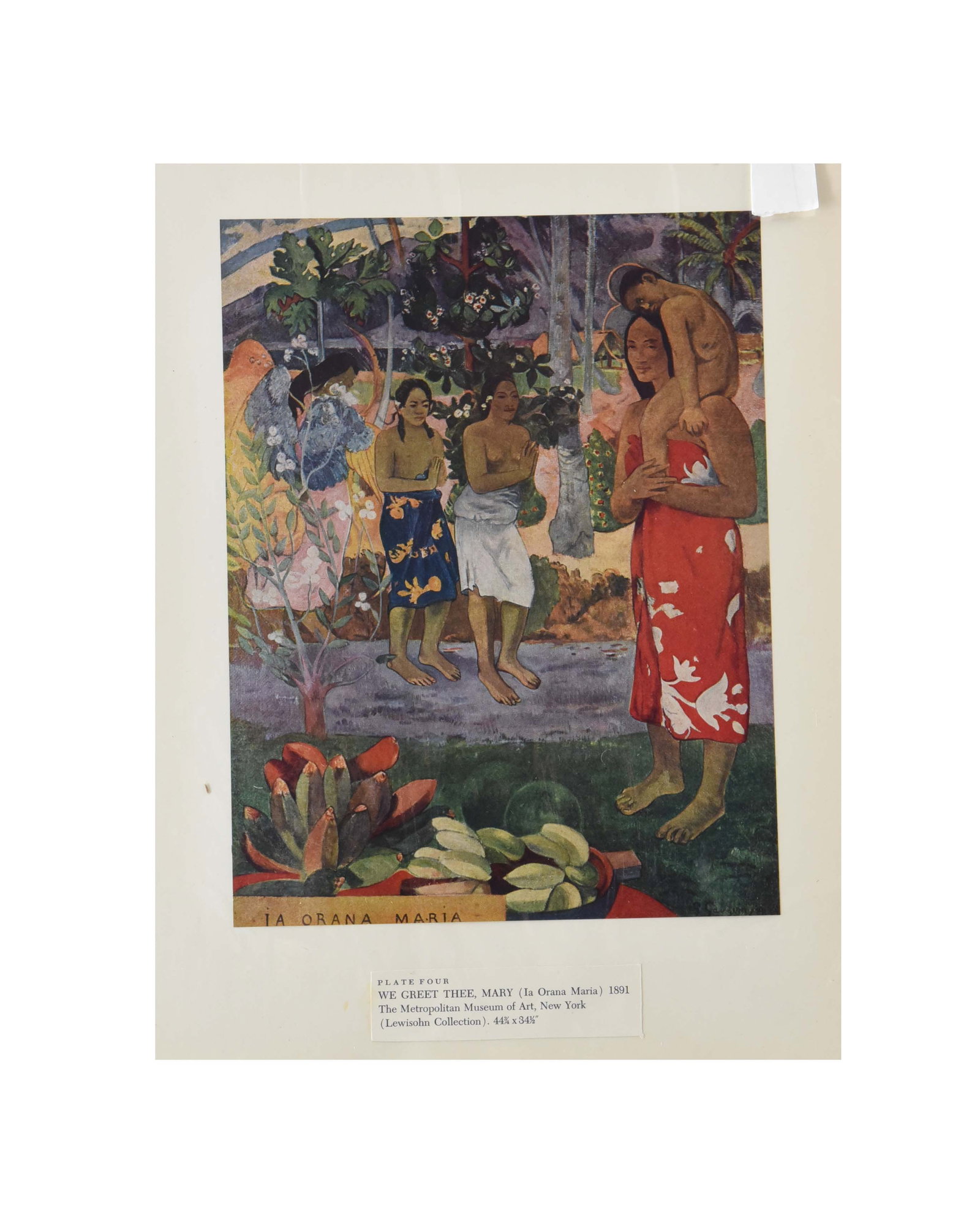 Paul Gauguin: "Ia Orana Maria" (Hail Mary) - Fine Art Print: This 11" x 15" art print is a vintage reproduction of Paul Gauguin's "Ia Orana Maria" (Hail Mary), painted in 1891. Labeled as Plate Four, this piece belongs to a curated portfolio of museum-quality r
