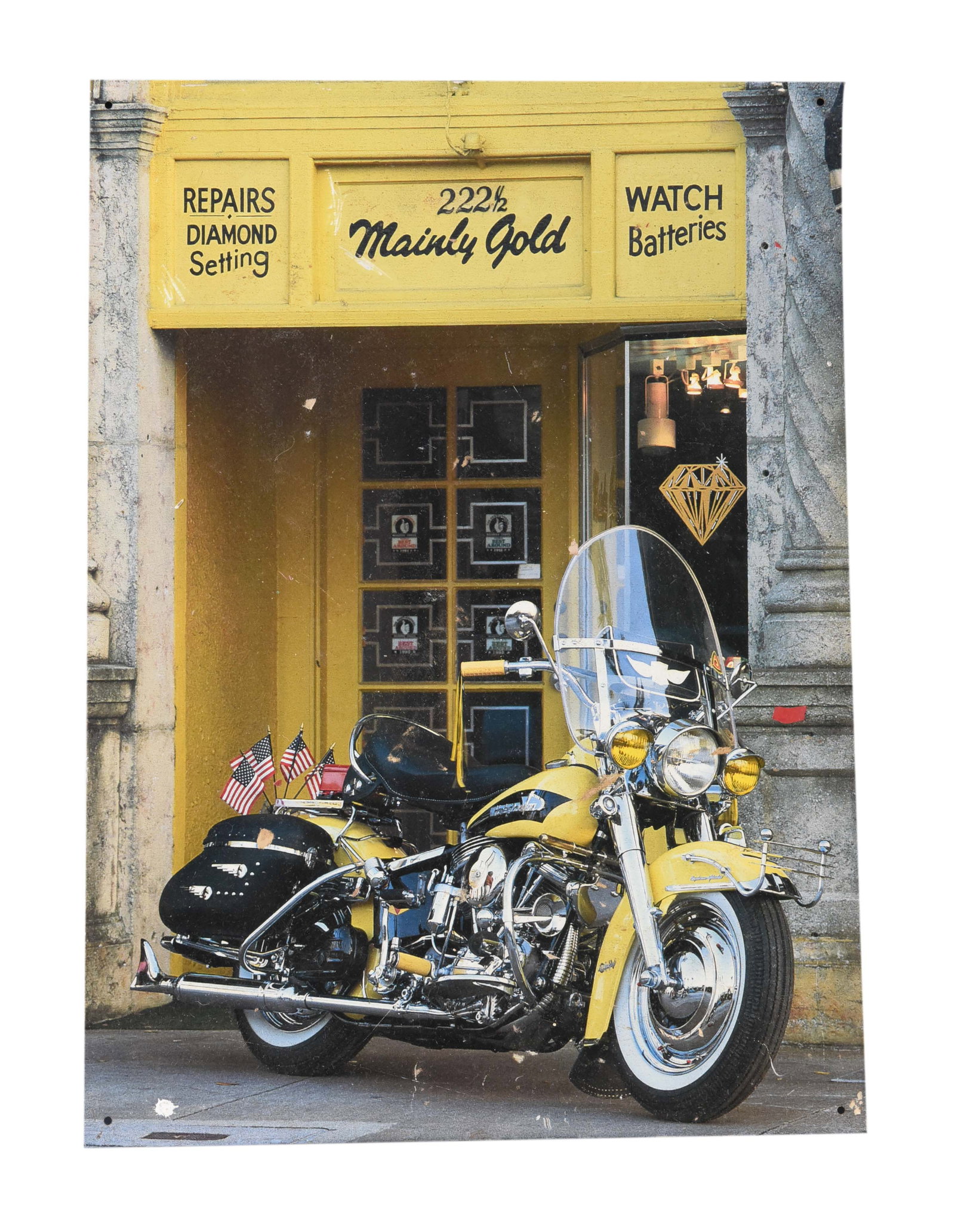 Vintage Harley-Davidson "Mainly Gold" Jewelry Store Metal Art - 12" x 16": A Mid-Century Americana ClassicThis vibrant metal advertising sign features the iconic "Little Miss Sunbeam," one of the most recognizable and beloved advertising mascots in American history. Original