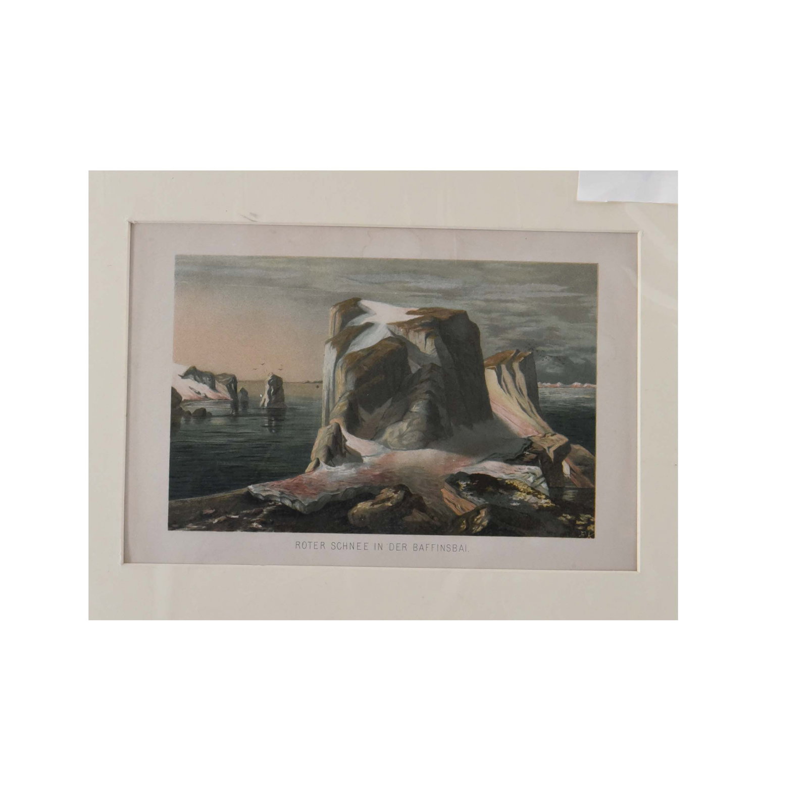 Antique 19th-Century Color Etching: "Roter Schnee in der Baffinsbai" (Red Snow in Baffin Bay): This finely detailed antique color etching captures the dramatic, icy landscape of Baffin Bay. The piece illustrates the "Red Snow" phenomenon-a natural occurrence caused by algae that tints the Arcti