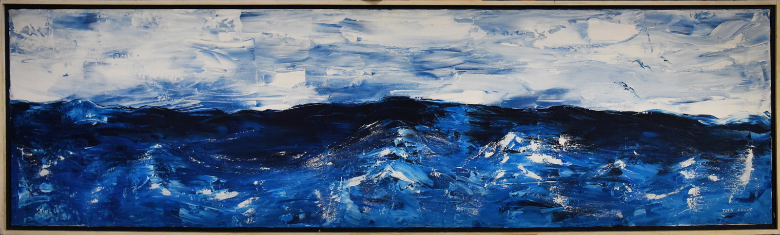 Evocative Blue Horizon(John Irvine): Evocative Blue Horizon" is an oil on canvas by John Irvine, measuring 49" x 13". This captivating piece features a textured, layered application of blues and whites, reminiscent of a misty coastline