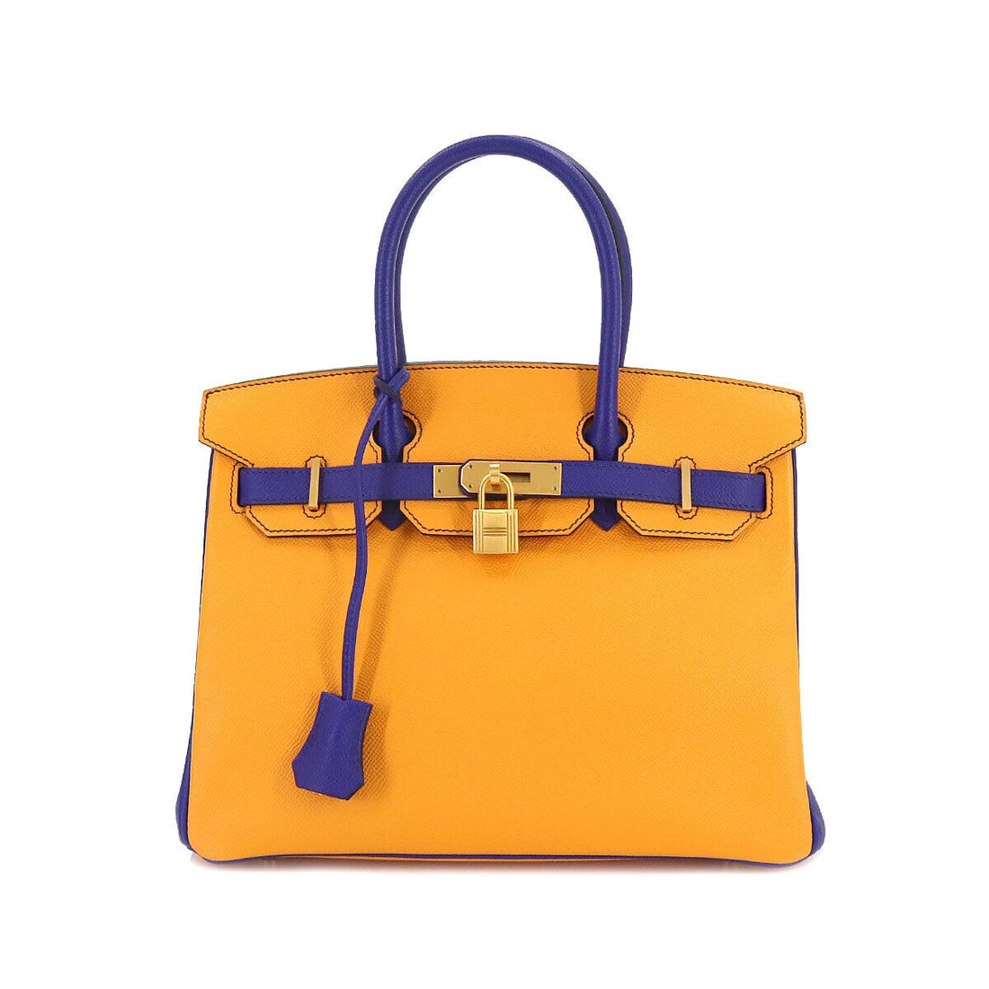 HERMES Birkin 30 Hand Bag Epsom Jaune d'or Blue Electrique Purse: Condition:Pre-owned Brand:HERMES Style:Hand Bag Exterior Material:Epsom Exterior Color:Jaune d'or , Blue Electrique Department:Women Size W:11.81 inch Size H:10.24 inch Size D:6.10 inch Handl:11inch (