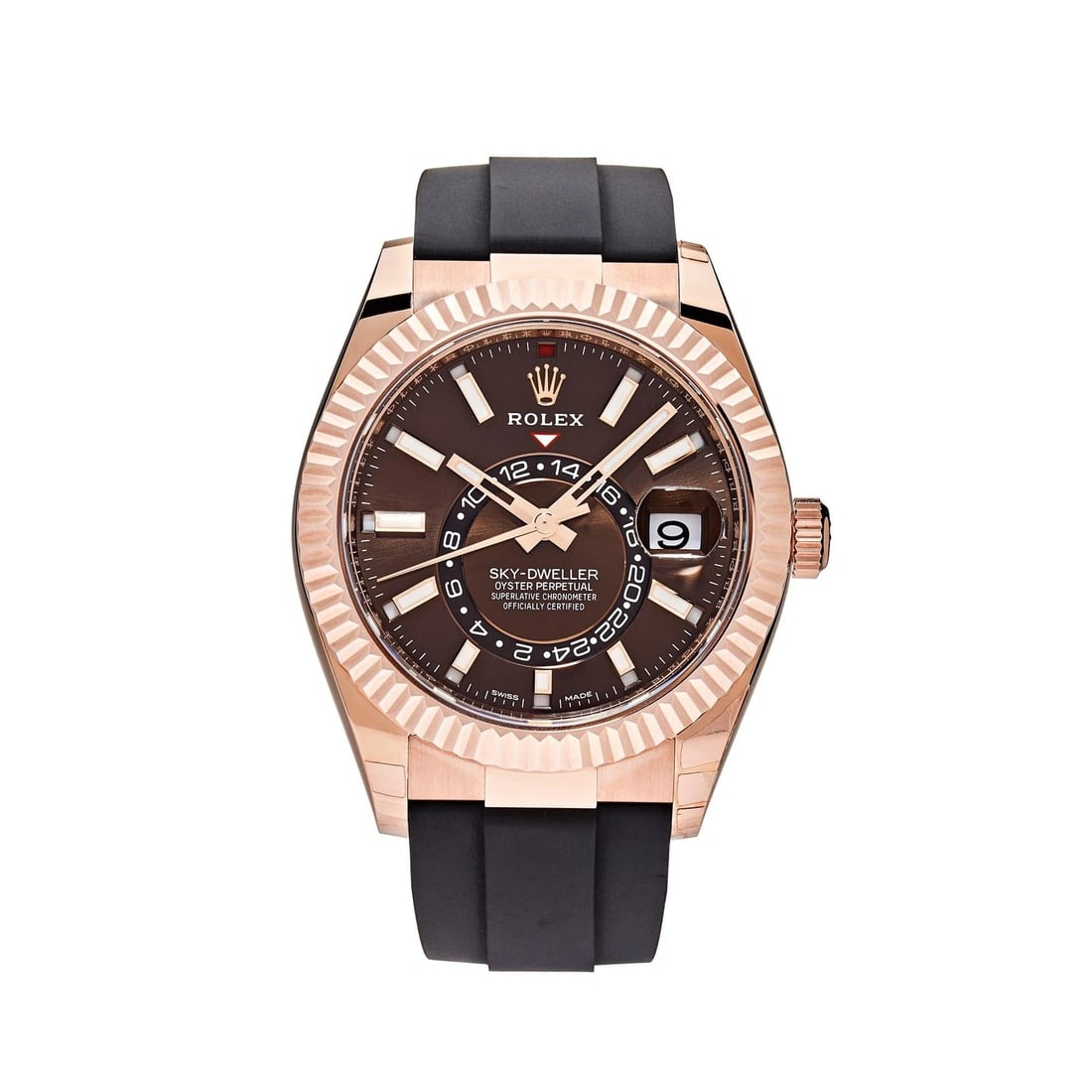 Rolex Sky-Dweller 336235 Rose Gold Brown Chocolate Dial: Condition:Pre-owned Brand:Rolex Reference Number:336235 Model:Sky-Dweller Movement:Automatic Case Material:Rose Gold Bracelet Material:Rubber Strap Dial:Brown Case Diameter:42mm