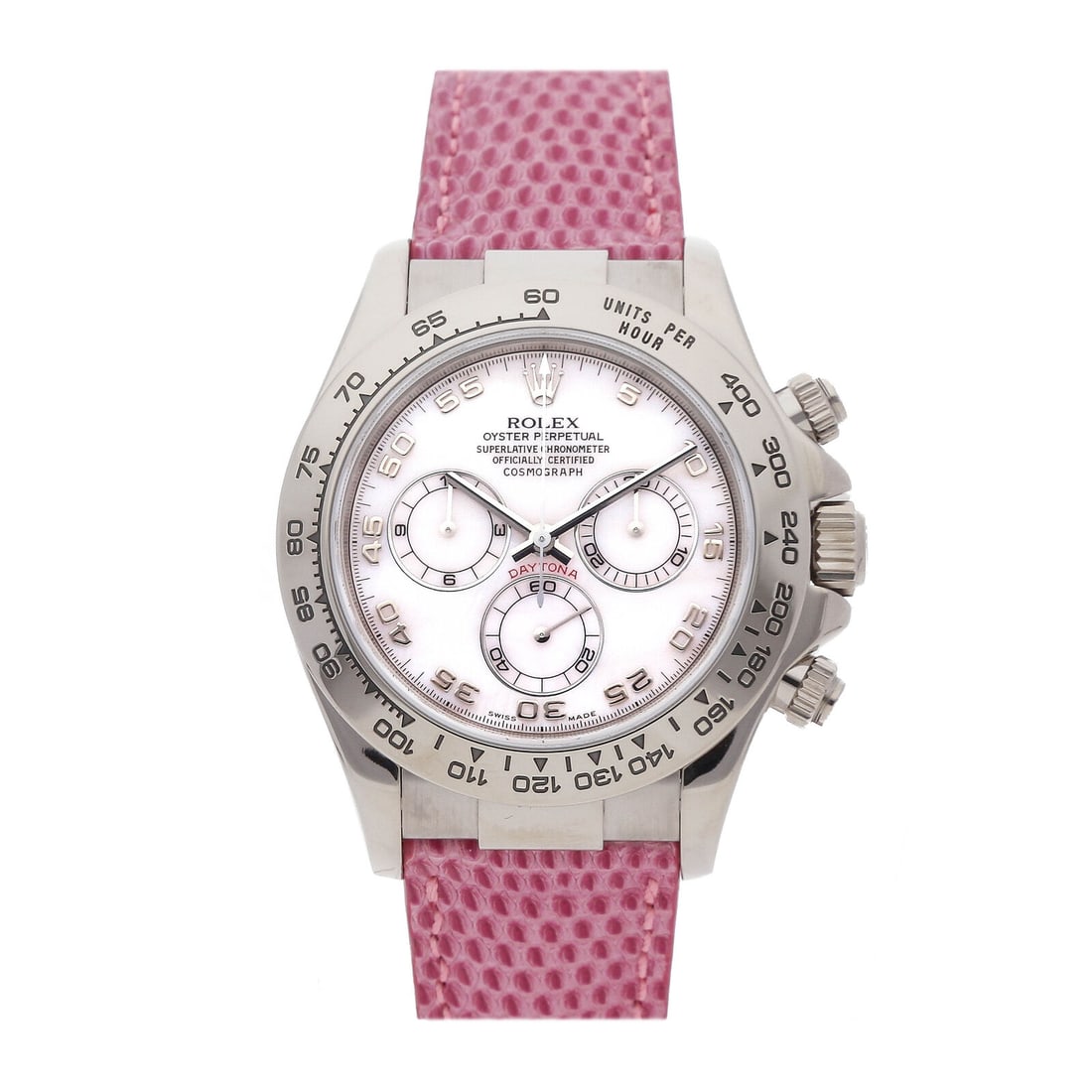Rolex Daytona Cosmograph Automatic Gold MOP Mens Oyster Bracelet Watch 116519: Condition:Pre-owned Brand:Rolex Movement:Automatic Case Size:40mm Hour Markers:Arabic Numerals, Index Watch Shape:Round Caseback:Solid Features:Chronograph, Tachymeter Gender:Men Band Material:Alligat