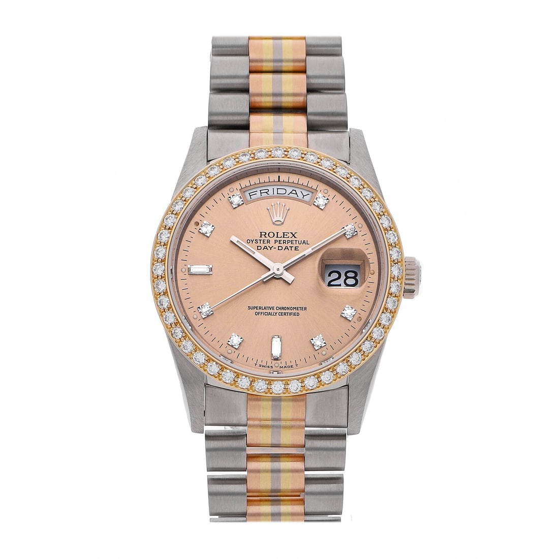 Rolex Day-Date Tridor Automatic 36mm Gold Mens Bracelet Watch 18349: Condition:Pre-owned Brand:Rolex Movement:Automatic Case Size:36mm Hour Markers:Batons, Diamond Watch Shape:Round Caseback:Solid Features:Date, Day Gender:Men Band Material:Two-Tone: White/Yellow Gold 