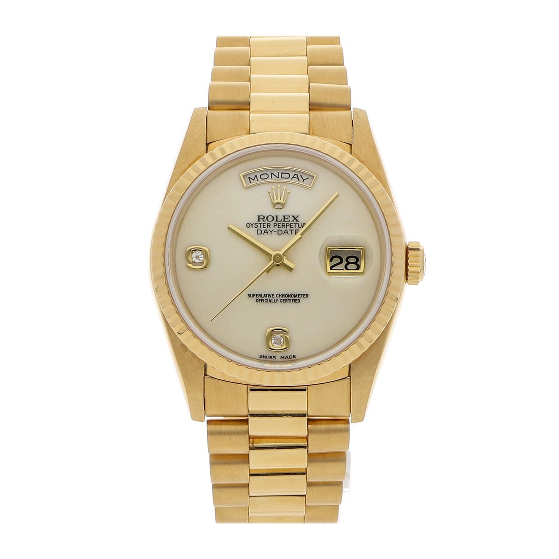 Rolex Day-Date Automatic 36mm Gold Diamonds Mens President Bracelet Watch 18238: Condition:Pre-owned Brand:Rolex Movement:Automatic Case Size:36mm Hour Markers:Arabic numerals, diamond Watch Shape:Round Caseback:Solid Features:Date, day Gender:Men Band Material:Yellow gold Band Co
