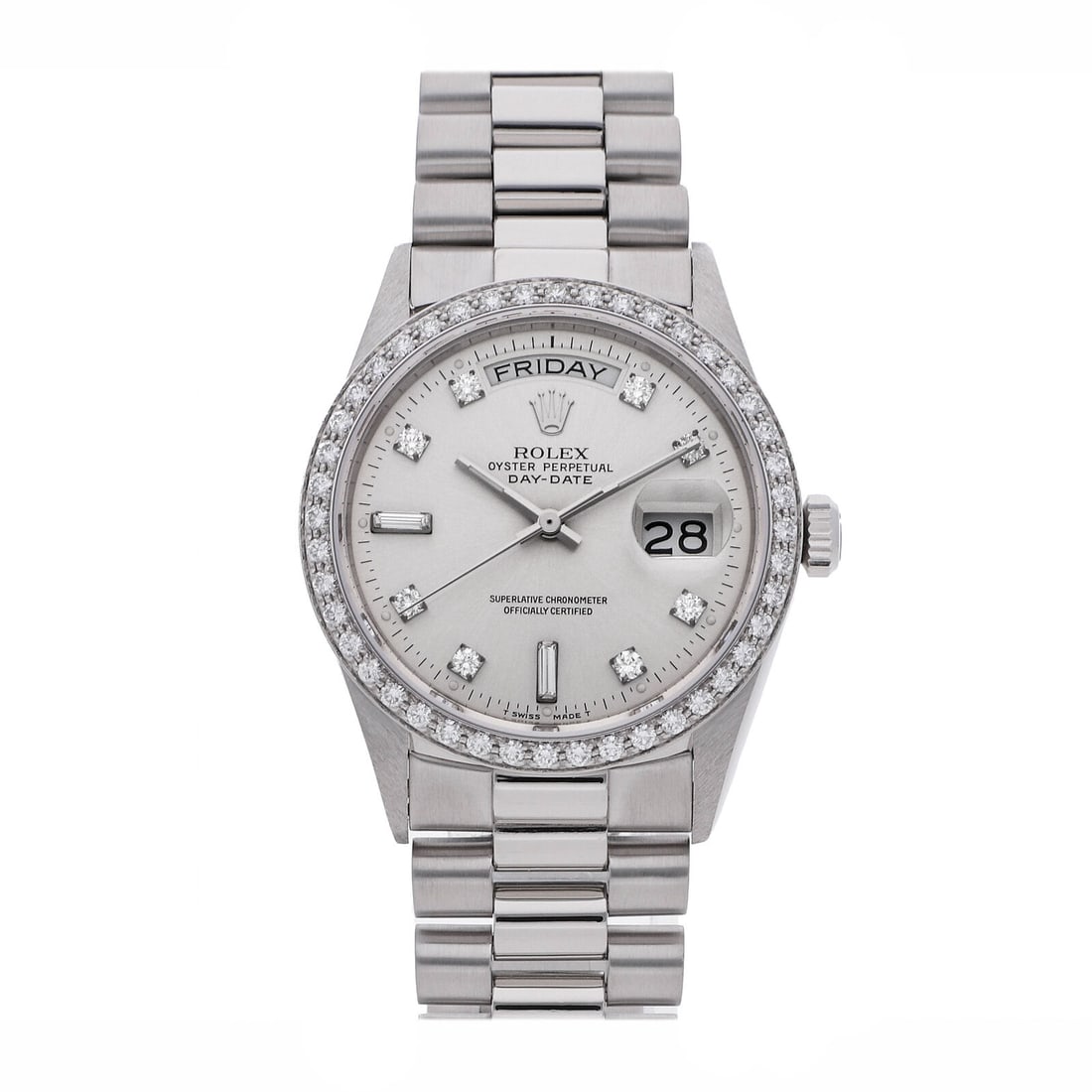 Rolex Day-Date Automatic Platinum Diamonds Mens President Bracelet Watch 18046: Condition:Pre-owned Brand:Rolex Movement:Automatic Case Size:36mm Hour Markers:Diamond, Index Watch Shape:Round Caseback:Solid Features:Date, Day Gender:Men Band Material:Platinum Band Color:Silver Bu