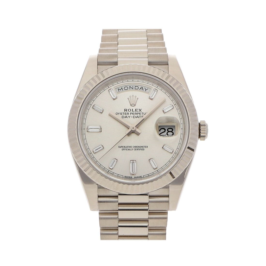 Rolex Day-Date 40 Auto White Gold Diamonds Mens President Bracelet Watch 228239: Condition:Pre-owned Brand:Rolex Movement:Automatic Case Size:40mm Hour Markers:Diamond Watch Shape:Round Caseback:Exhibition Features:Date, Day Gender:Men Band Material:White gold Band Color:Silver Bu