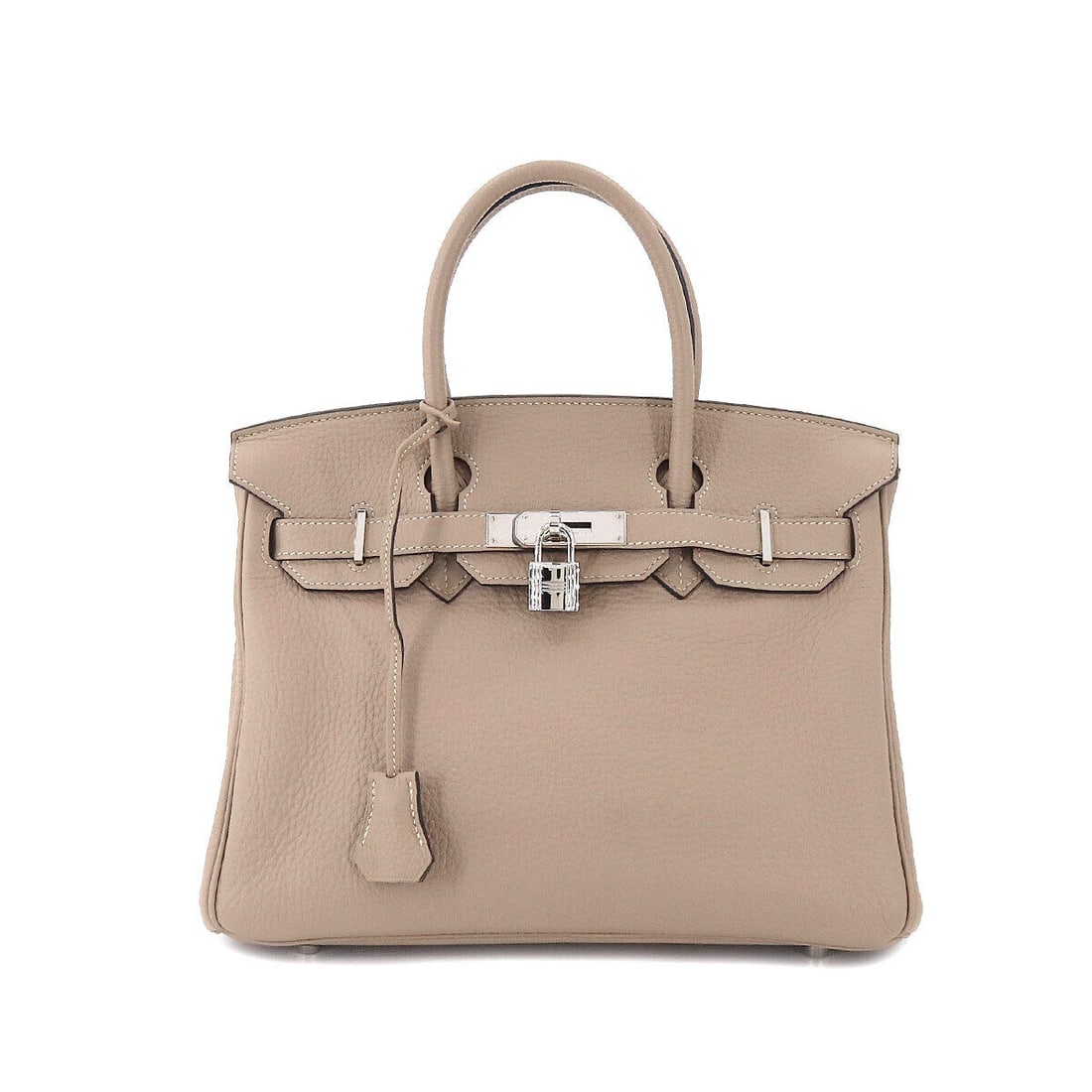 HERMES Birkin 30 Hand Bag Taurillon Clemence Gris tourterelle Purse: Condition:Pre-owned Brand:HERMES Style:Hand Bag Exterior Material:Taurillon Clemence Exterior Color:Gris tourterelle Department:Women Size W:11.81 inch Size H:9.45 inch Size D:6.10 inch Handl:11.2inch