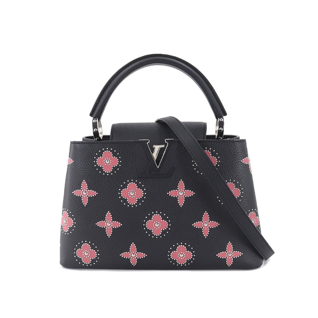 LOUIS VUITTON Capucines PM Hand Shoulder Bag Taurillon Leather Flower: Condition:Pre-owned Brand:LOUIS VUITTON Style:Hand Bag / Shoulder Bag Exterior Material:Taurillon Leather Exterior Color:Black , Pink Department:Women Size W:12.20 inch Size H:7.87 inch Size D:4.33 in