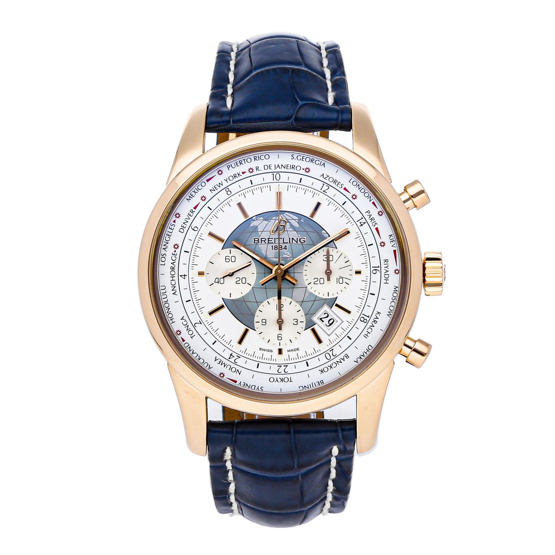 Breitling Transocean Chronograph Unitime Gold Auto 46mm Mens Watch RB0510U0/A733: Condition:Pre-owned Style:Casual Buckle Type:Deployant Buckle Dial Color:White Hour Markers:Index Department:Men Type:Wristwatches Movement:Automatic Band Material:Alligator Brand:Breitling Case Mater
