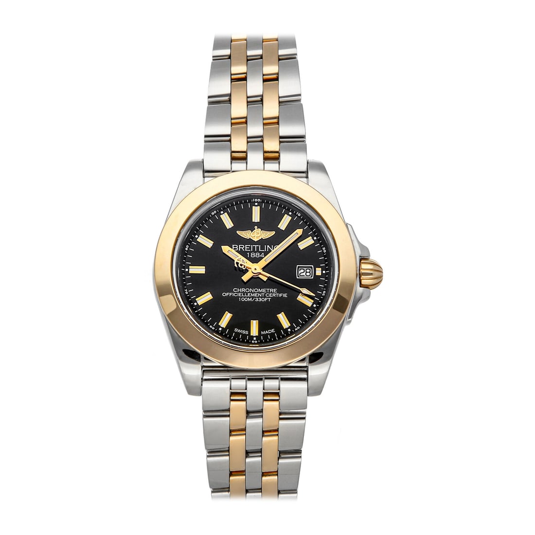 Breitling Galactic 32 Sleek Edition Quartz Steel Gold Ladies Watch C7133012/BF65: Condition:Pre-owned Brand:Breitling Movement:Quartz Case Size:32mm Hour Markers:Index Watch Shape:Round Caseback:Solid Features:Date Gender:Women Band Material:Two-tone: Rose/Stainless Band Color:Two 