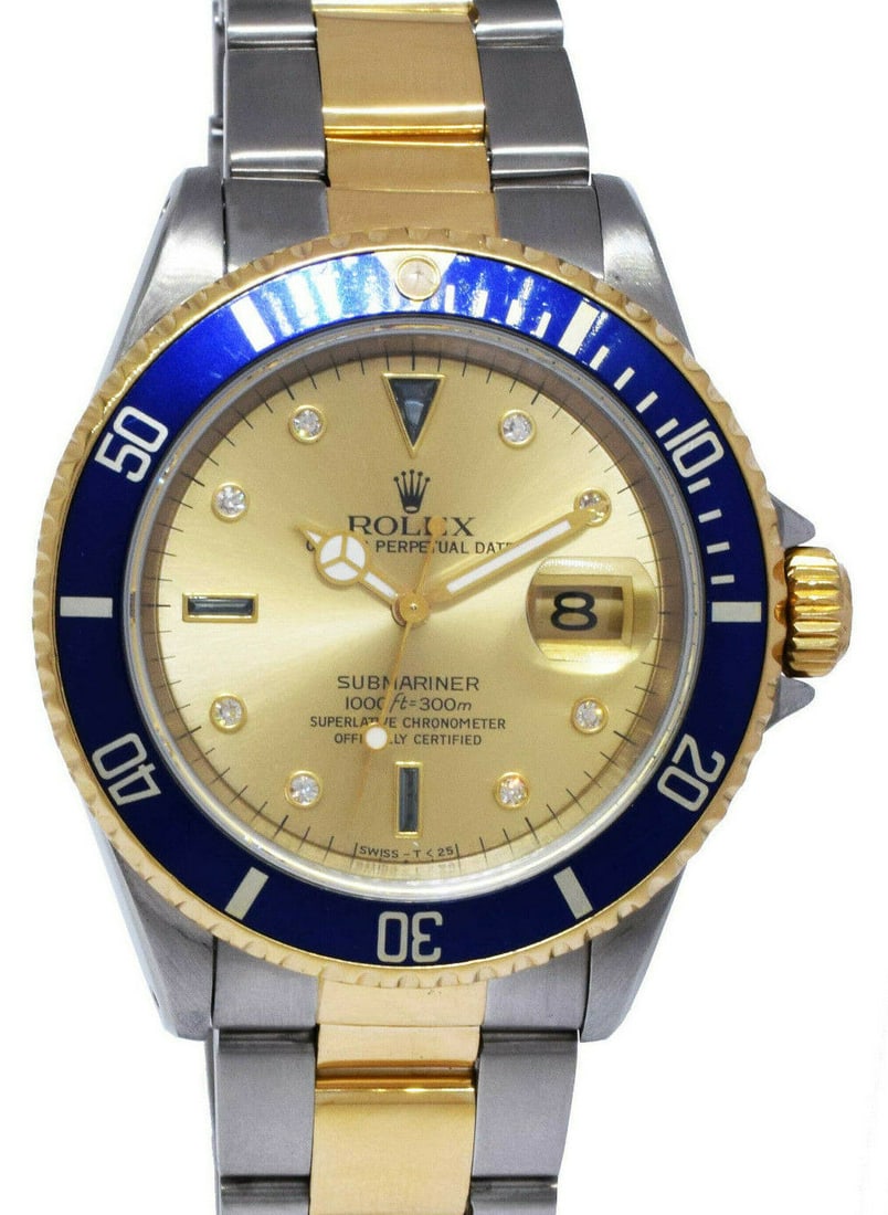 Rolex Submariner 18k Yellow Gold/Steel Serti Diamond Dial Mens Watch W 16613 (1 of 10)