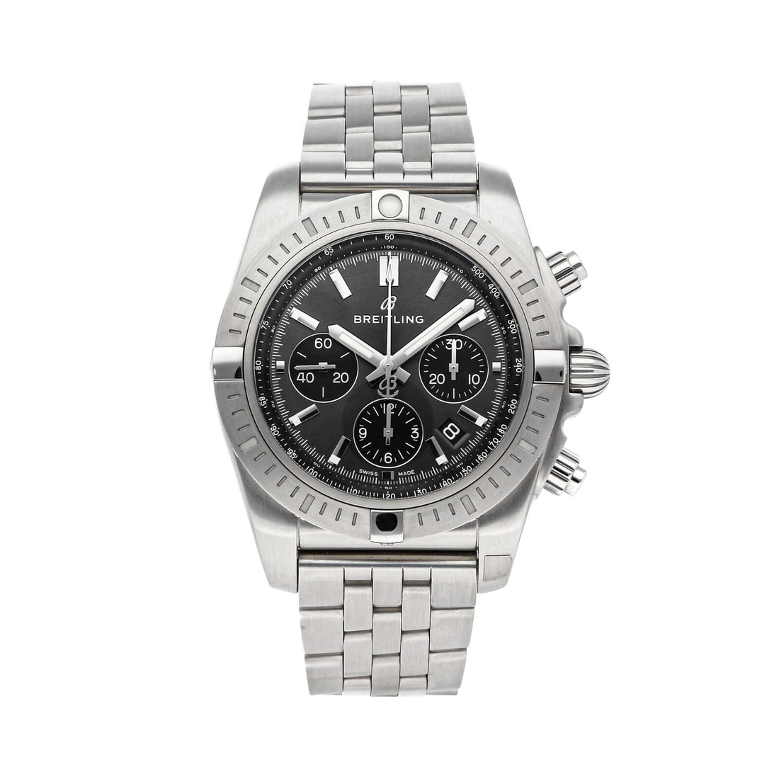 Breitling Chronomat B01 Chrono Auto Steel Mens Bracelet Watch AB0115101F1A1: Condition:Pre-owned Brand:Breitling Movement:Automatic Case Size:44mm Hour Markers:Index Watch Shape:Round Caseback:Solid Features:Chronograph, Date, Tachymeter Gender:Men Band Material:Stainless stee
