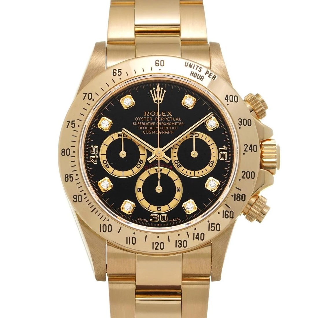 ROLEX Cosmograph Daytona 16528G black/diamond WATCH: Condition:Pre-owned Genre:Wristwatch/mens Brand:ROLEX Model Number:16528G Movement:Mechanical Automatic Dial Color:black/diamond Case:Yellow Gold Windproof Material:Sapphire Crystal Glass Bezel:Yellow