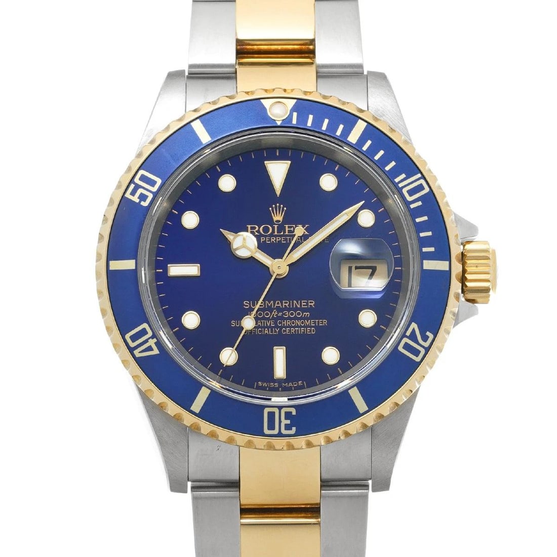 ROLEX Submariner date 16613 blue WATCH: Condition:Pre-owned Genre:Wristwatch/mens Brand:ROLEX Model Number:16613 Movement:Mechanical Automatic Dial Color:blue Case:Stainless steel Windproof Material:Sapphire Crystal Glass Bezel:Yellow Gold/