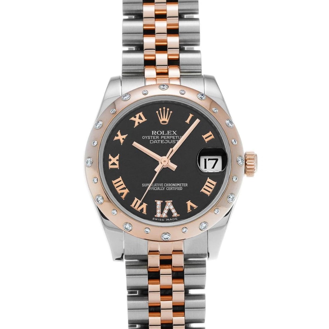 ROLEX Datejust 31 178341 black/diamond WATCH: Condition:Pre-owned Genre:Wristwatch/unisex Brand:ROLEX Model Number:178341 Movement:Mechanical Automatic Dial Color:black/diamond Case:Stainless steel/Everrose gold Windproof Material:Sapphire Crysta