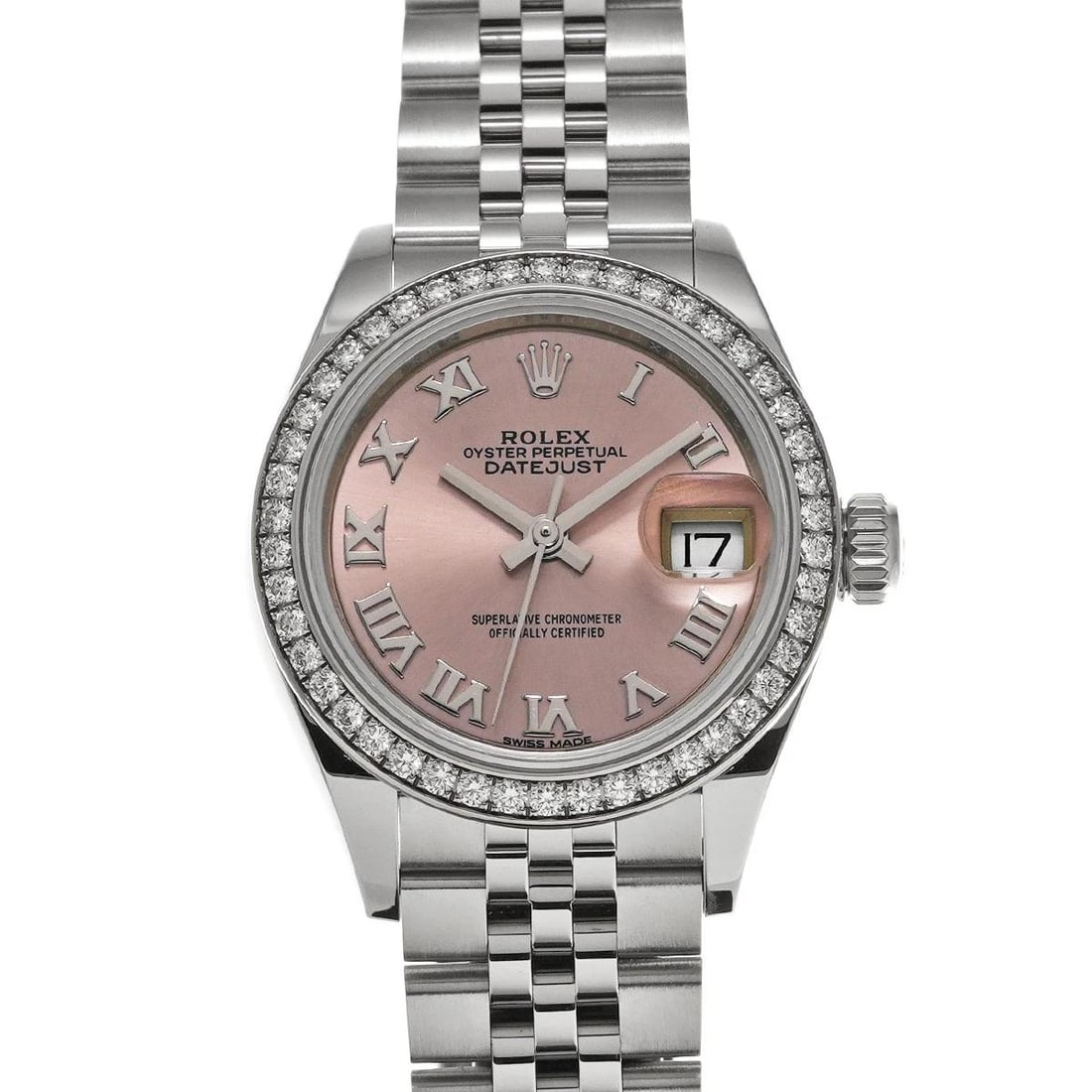 ROLEX Lady-Datejust 28 279384RBR Pink WATCH: Condition:Pre-owned Genre:Wristwatch/Women Brand:ROLEX Model Number:279384RBR Movement:Mechanical Automatic Dial Color:pink Case:Stainless steel Windproof Material:Sapphire Crystal Glass Bezel:White g