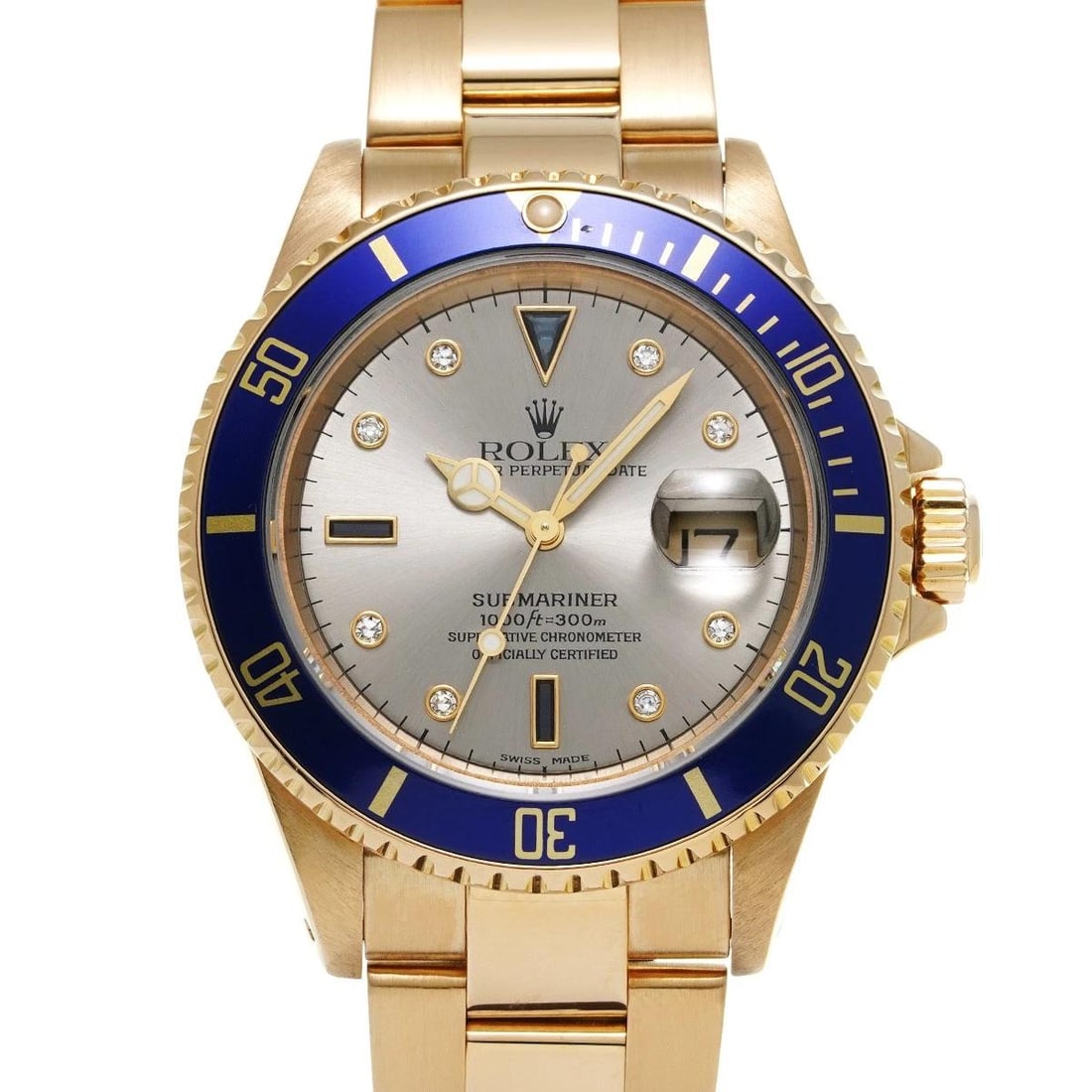 ROLEX Submariner Date 16618SG Gray/Diamond / Sapphire WATCH: Condition:Pre-owned Genre:Wristwatch/mens Brand:ROLEX Model Number:16618SG Movement:Mechanical Automatic Dial Colorvgray/Diamond / sapphire CasevYellow Gold Windproof Material:Sapphire Crystal Glass B