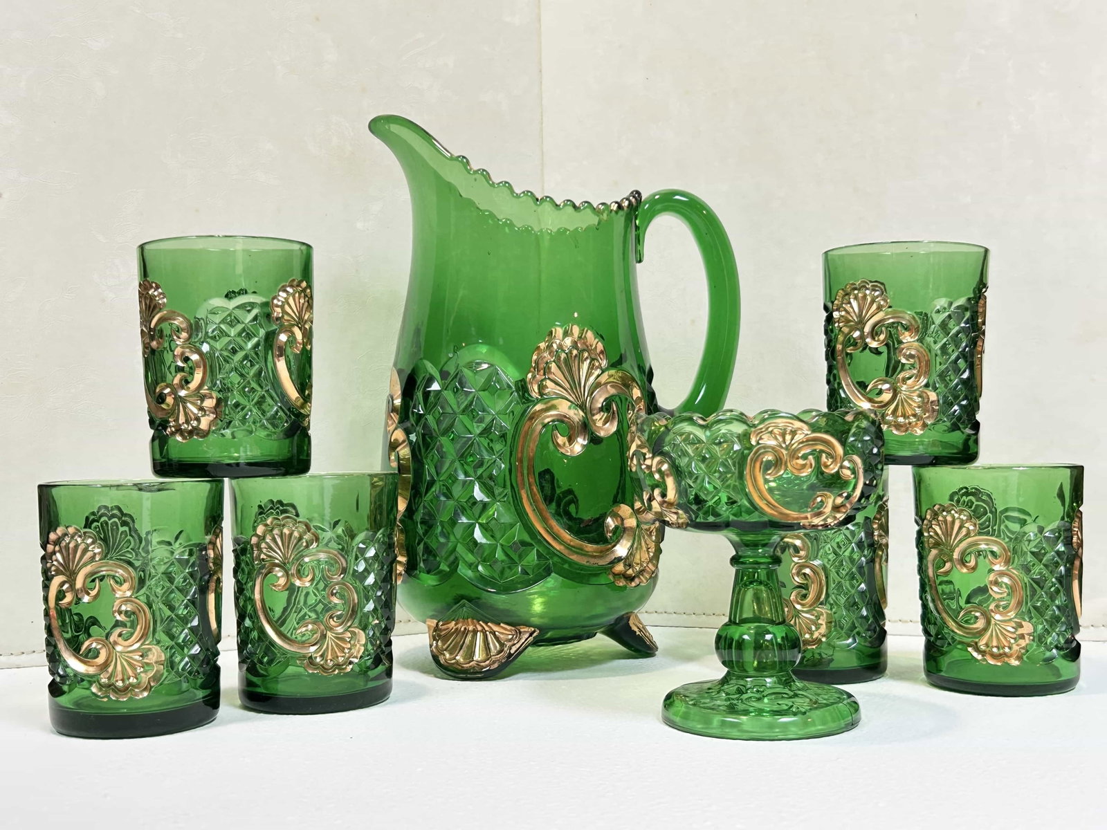 8 Pc. Emerald Green Croesus Water Set - Pitcher with 6 Tumblers and Footed Bowl (1 of 4)