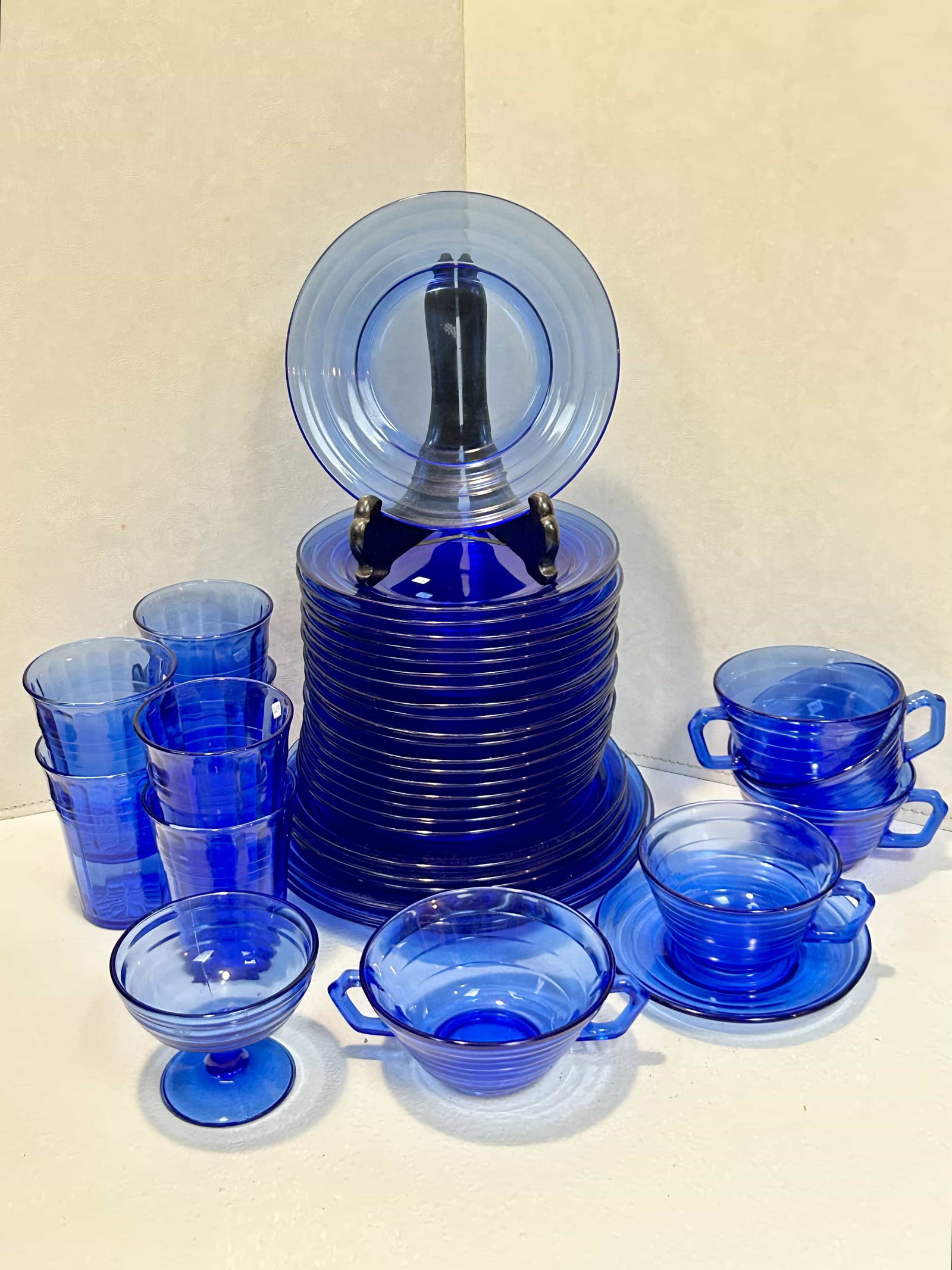 Hazel Atlas Moderntone Cobalt Blue Glass, Lot of 38 Pieces: Hazel Atlas Moderntone glass set...38 pieces total. 3 dinner, 3 salad, 19 bread plates, 4 cups, 1 saucer, 1 sugar, 6 tumblers, 1 sherbert. All in good condition with no visible chips or cracks.