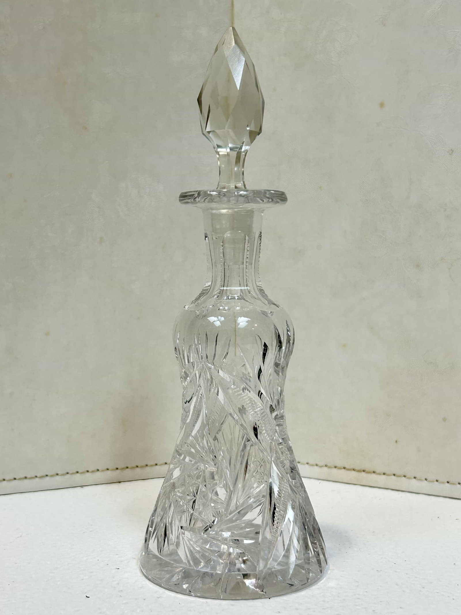 Antique Cut Crystal Perfume Bottle w/ Glass Stopper: Measures 8.5" tall, cut crystal w/ glass stopper. Good condition with no chips or cracks.