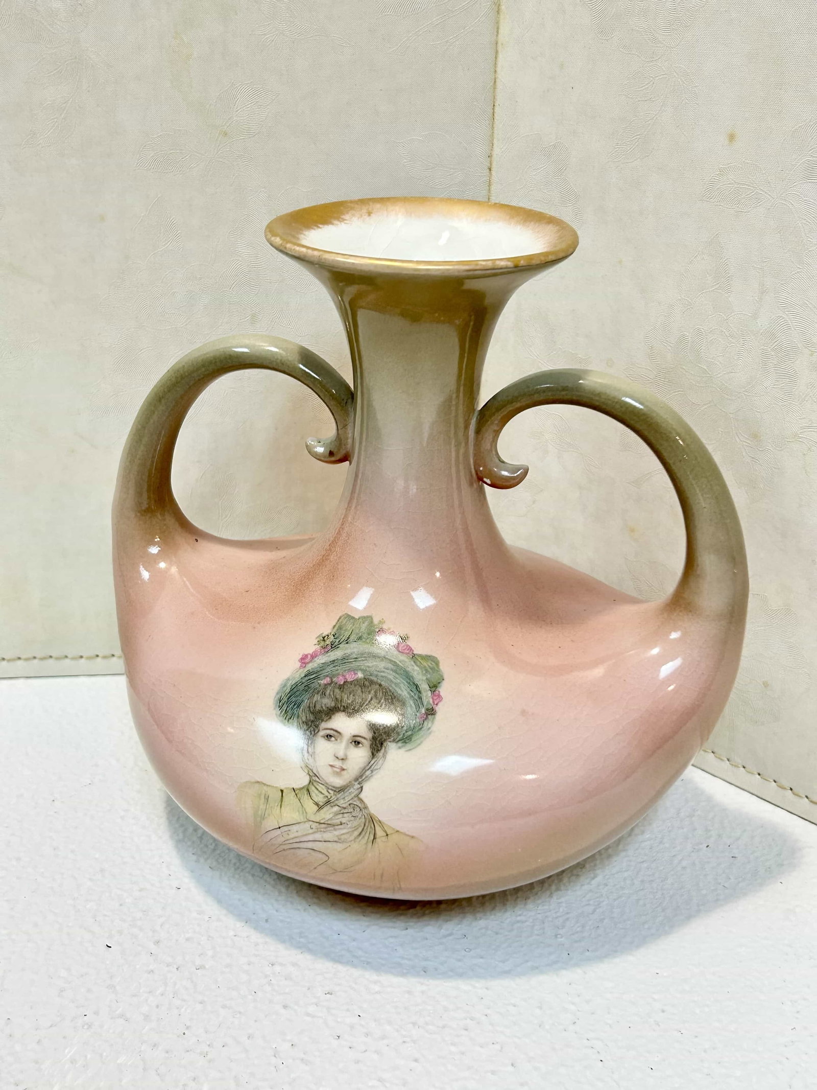 Warwick Porcelain 2-handle Vase w/ Portrait of Woman: 7" tall two-handled vase by Warwick Porcelain, made in the Victorian era. Porcelain is in good condition, some small spots in the paint.