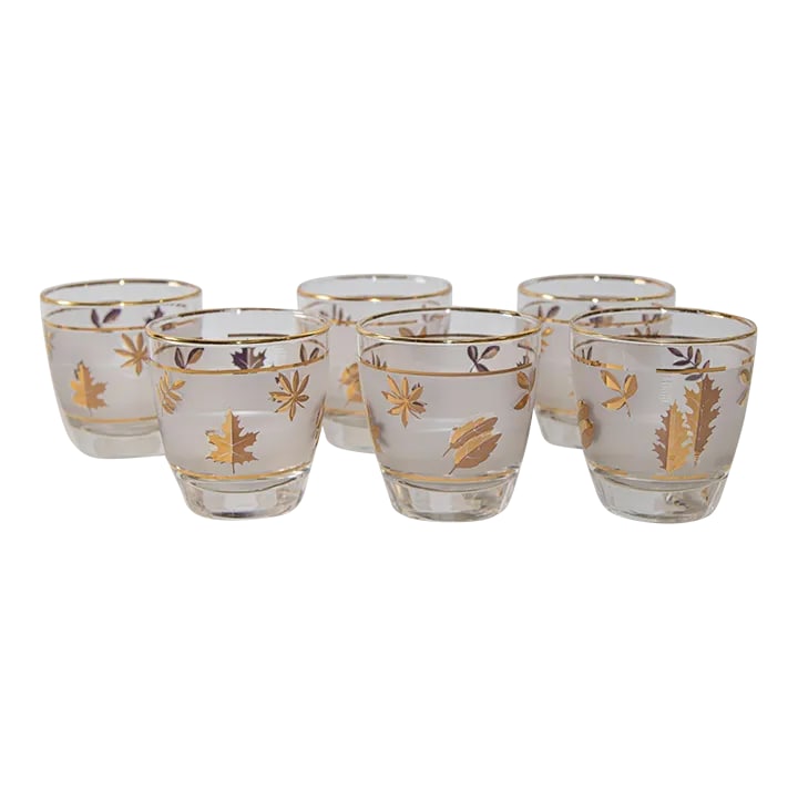 Vintage Libbey Frosted & Golden Foliage Cocktail Glasses, Set of 6: Vintage MCM Libbey Frosted & Golden Foliage Cocktail Glasses, Set of 6. Elegant vintage Libbey Golden Foliage barware frosted glasses with leaves pattern in a gold finish. Set includes 6 lowball glass