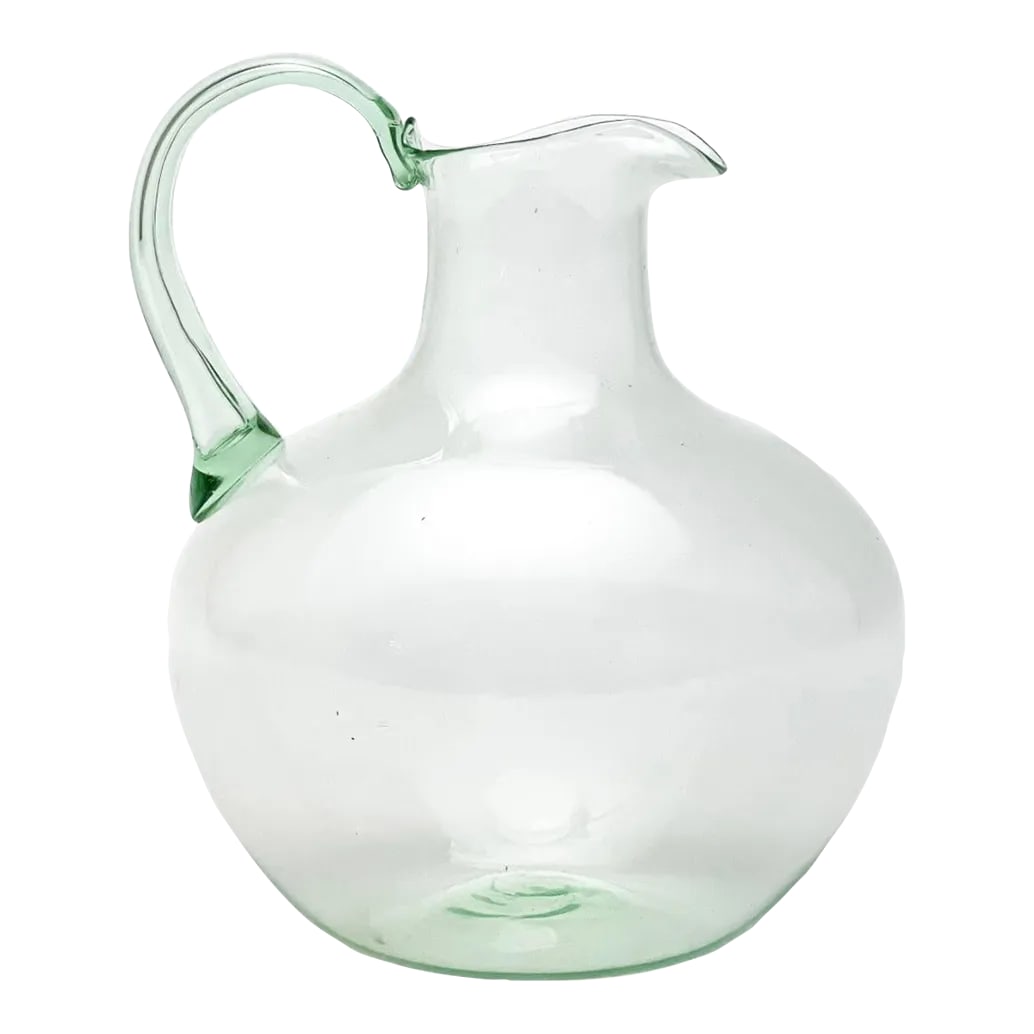 Circa 1925 Murano Glass-Green Soffiato Pitcher: Beautiful Green Soffiato Pitcher by Vittorio Zecchin for M.V.M. Cappellin. Three-line acid stamp to underside: MVM Cappellin Murano. Condition: Alterations: Original Condition Unaltered